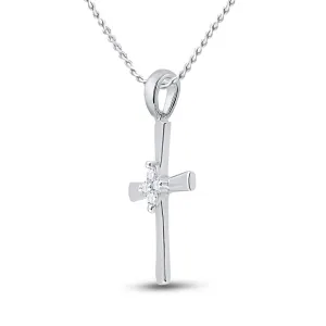 10kt White Gold Womens Round Diamond Simple Cross Religious Pendant 1/20 Cttw