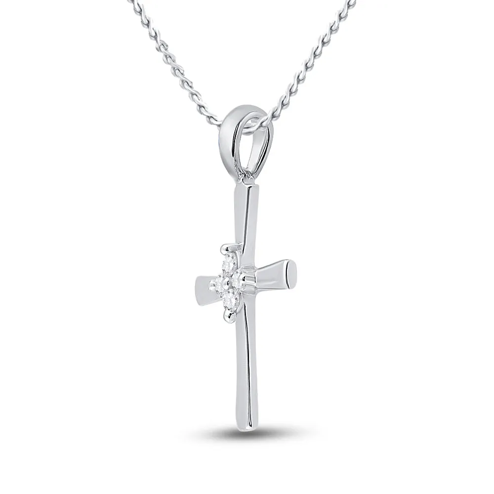 10kt White Gold Womens Round Diamond Simple Cross Religious Pendant 1/20 Cttw
