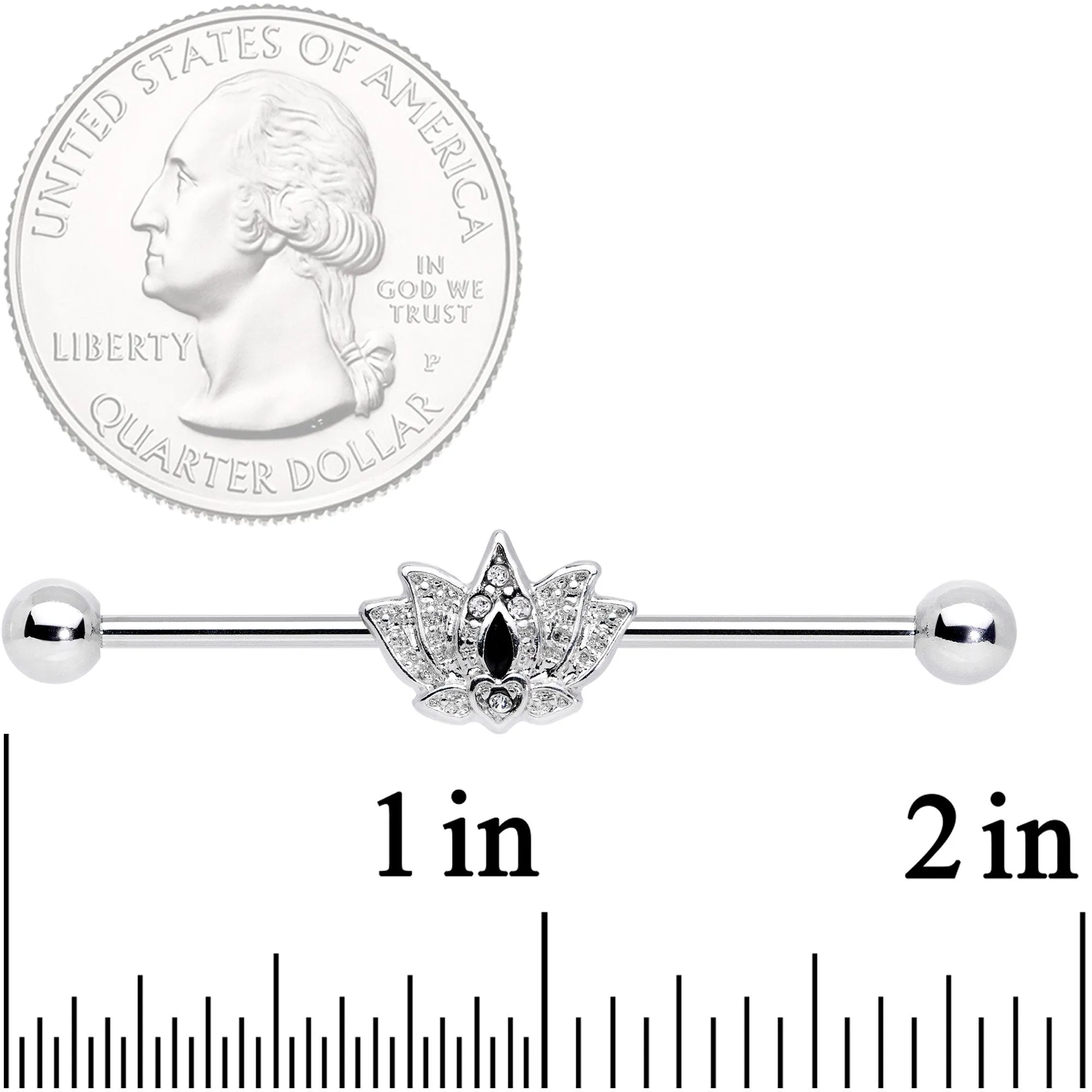 14 Gauge Clear Black Gem Crown Lotus Flower Industrial Barbell 38mm