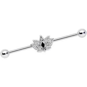 14 Gauge Clear Black Gem Crown Lotus Flower Industrial Barbell 38mm