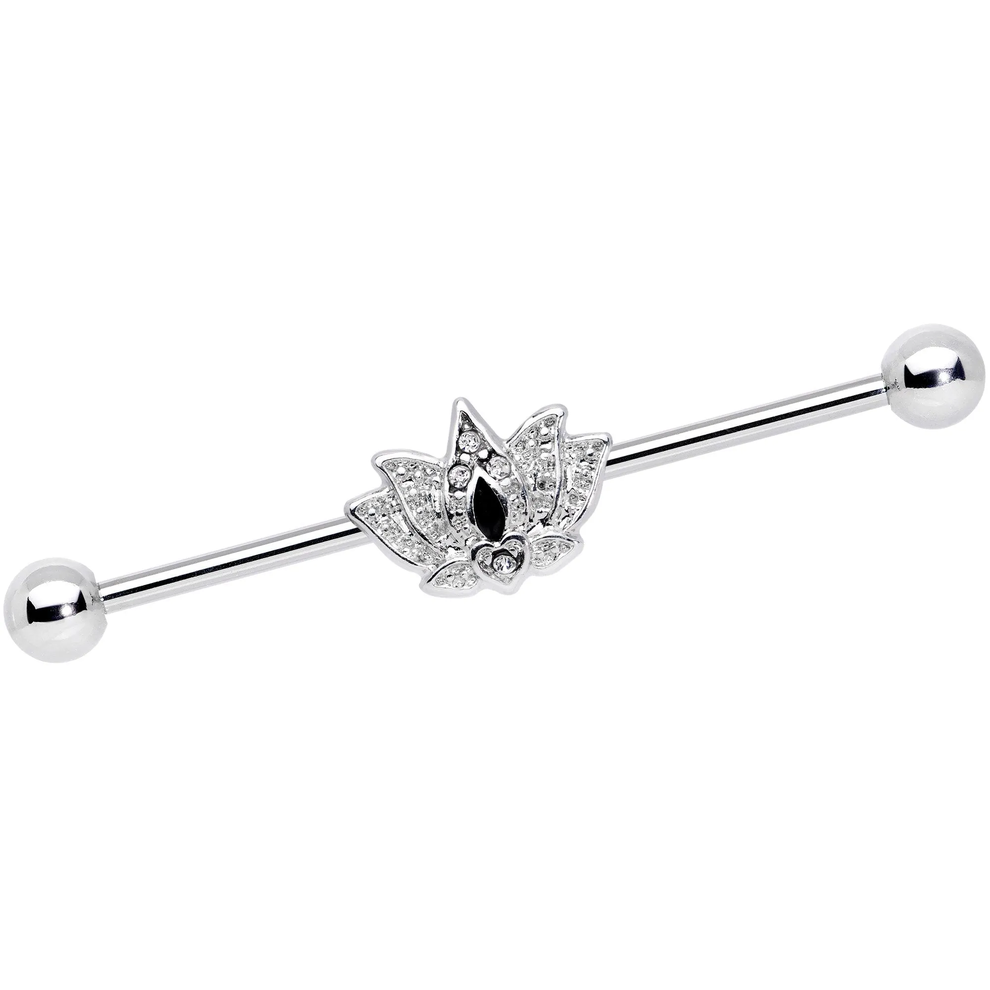 14 Gauge Clear Black Gem Crown Lotus Flower Industrial Barbell 38mm