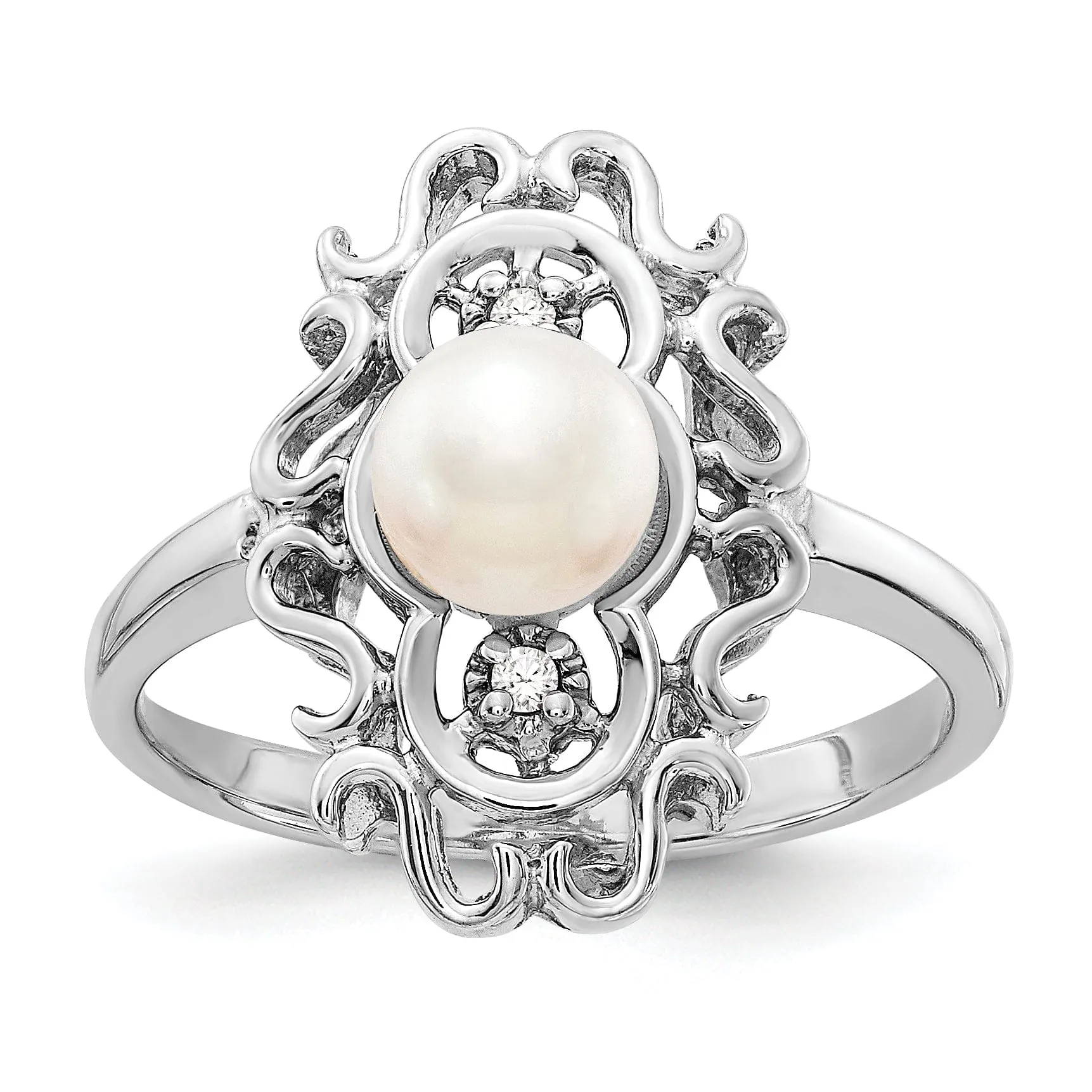 14k White Gold Polished Pearl Diamond Ring