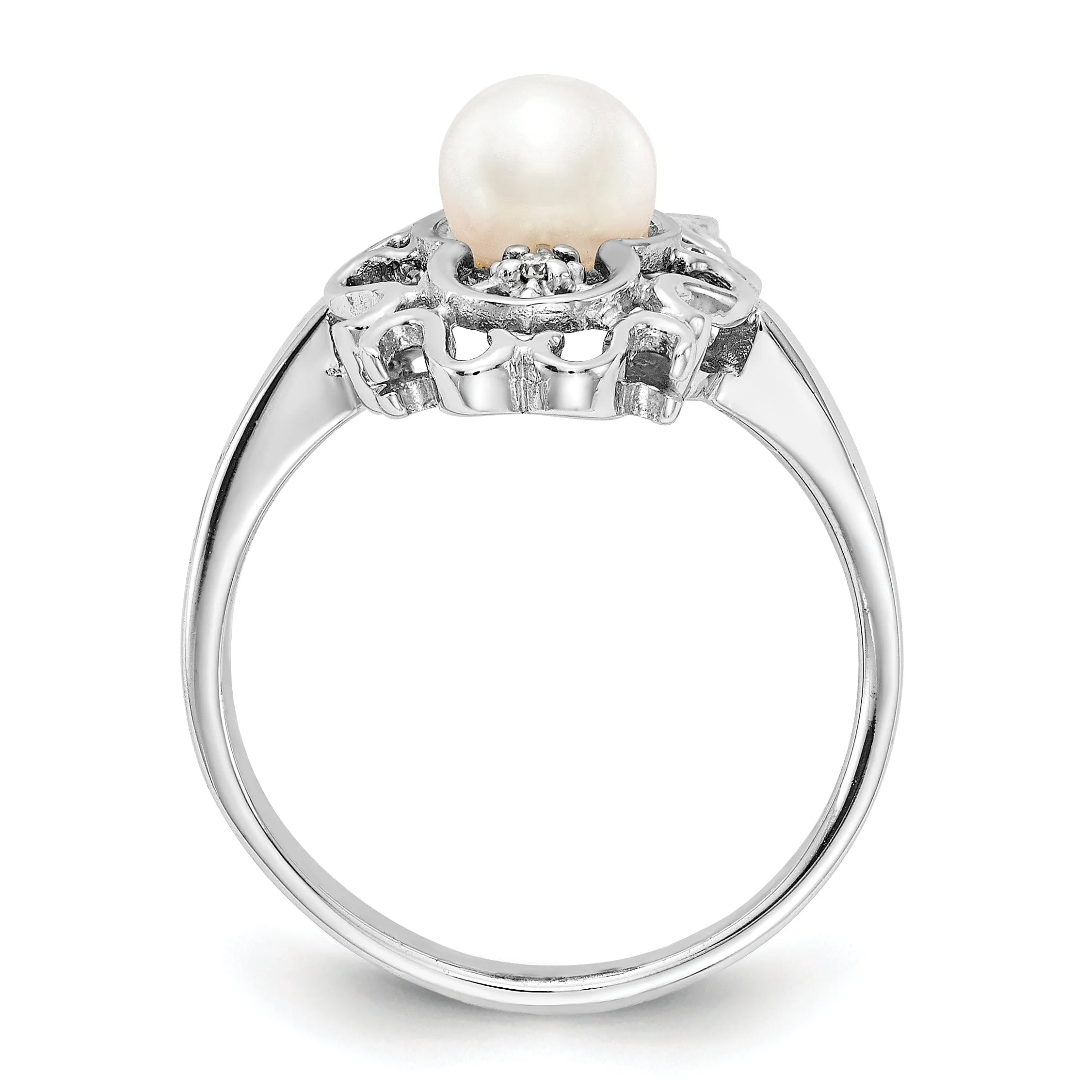 14k White Gold Polished Pearl Diamond Ring