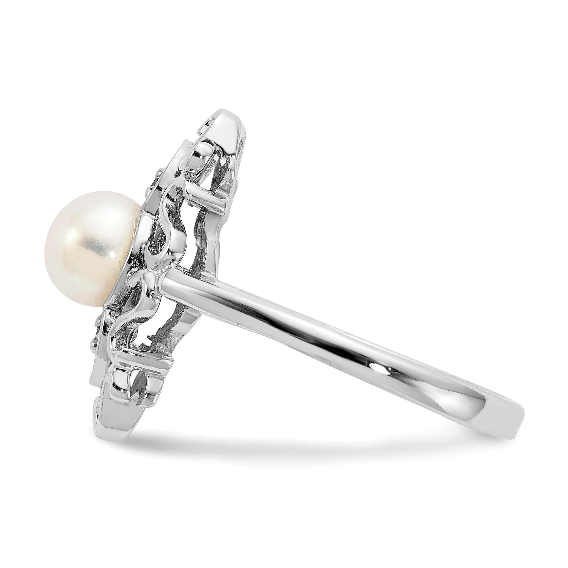 14k White Gold Polished Pearl Diamond Ring