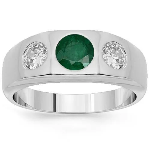 14K White Solid Gold Mens Diamond Emerald Ring 2.15 Ctw