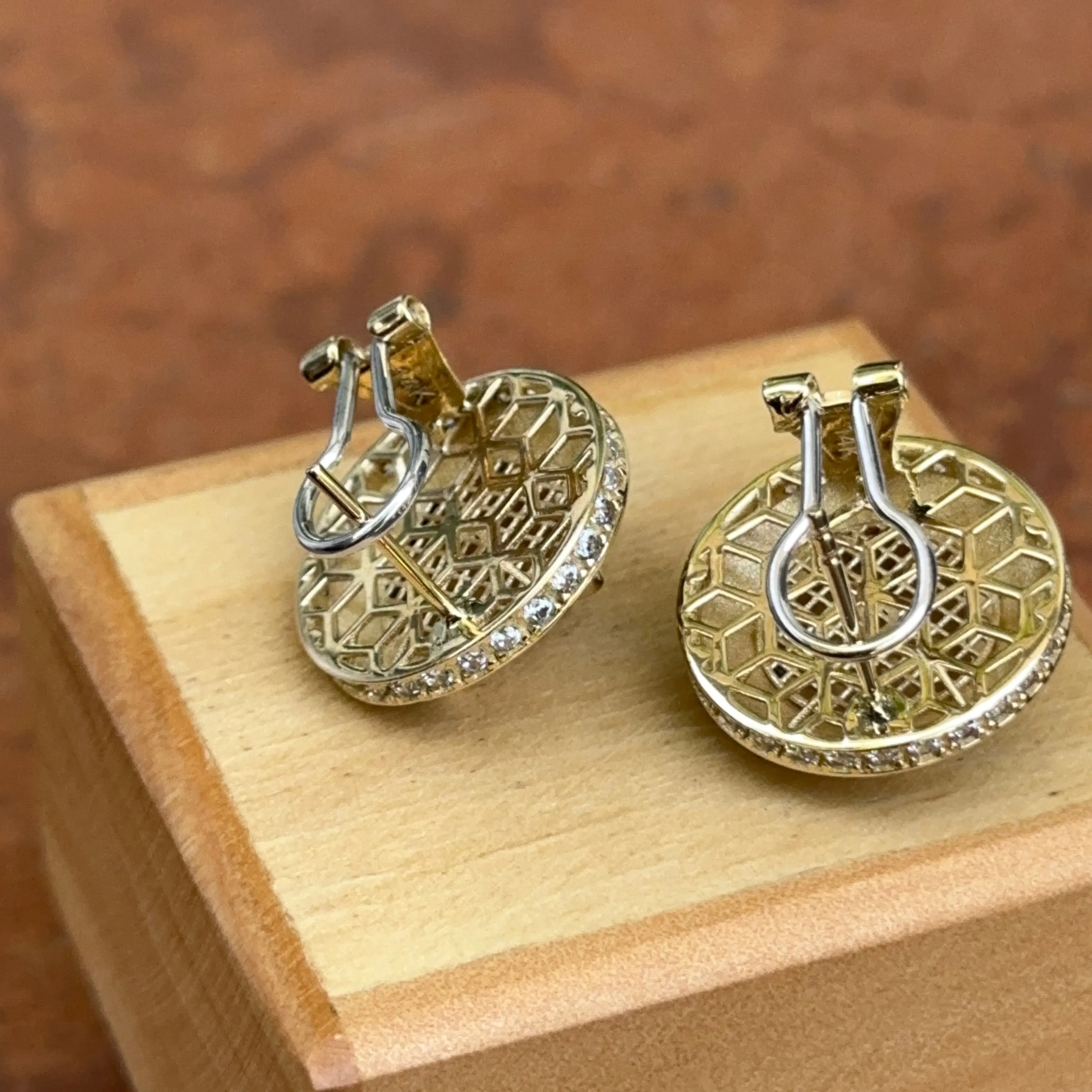 14KT Yellow Gold Italian Black Enamel Greek Key Gold Panther Omega Back Earrings