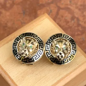 14KT Yellow Gold Italian Black Enamel Greek Key Gold Panther Omega Back Earrings