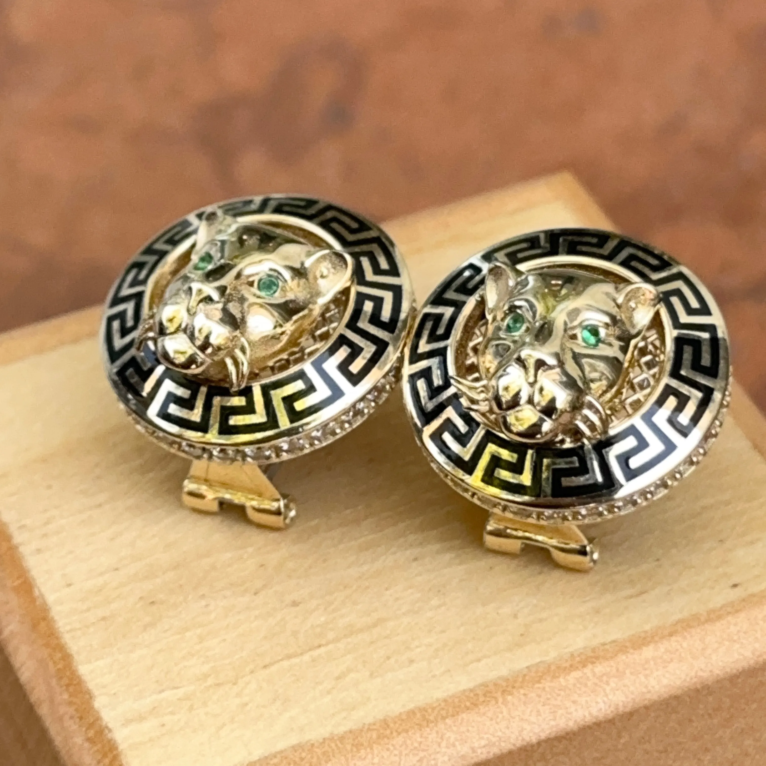 14KT Yellow Gold Italian Black Enamel Greek Key Gold Panther Omega Back Earrings