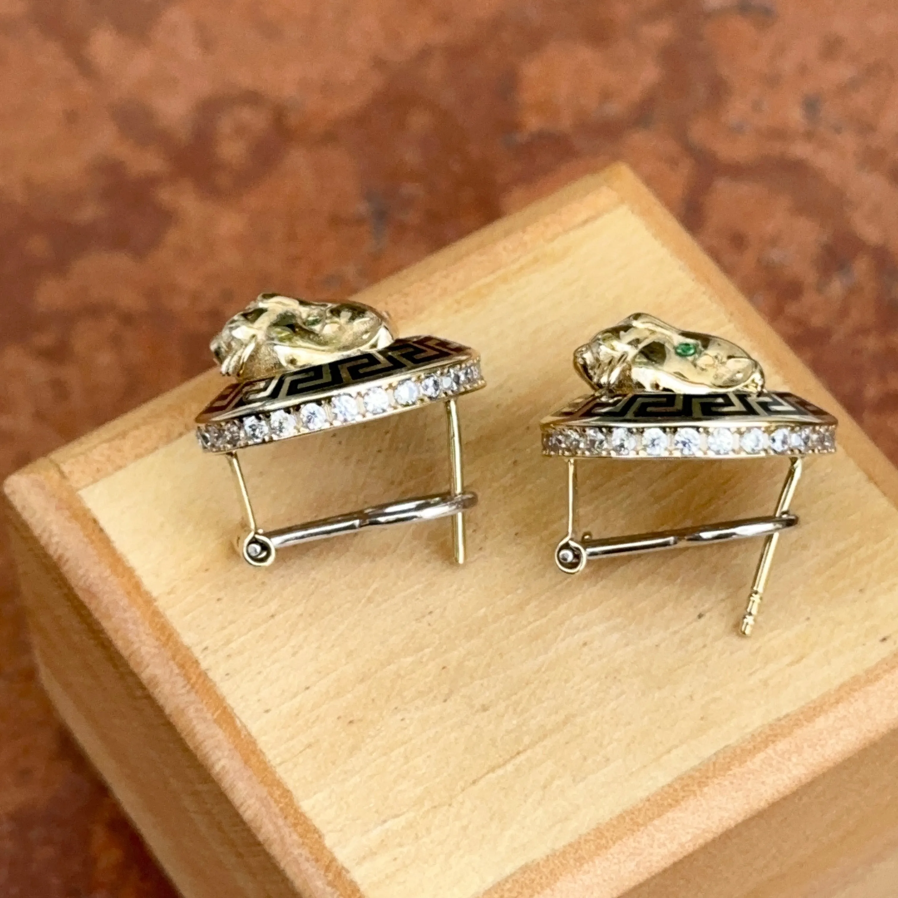 14KT Yellow Gold Italian Black Enamel Greek Key Gold Panther Omega Back Earrings