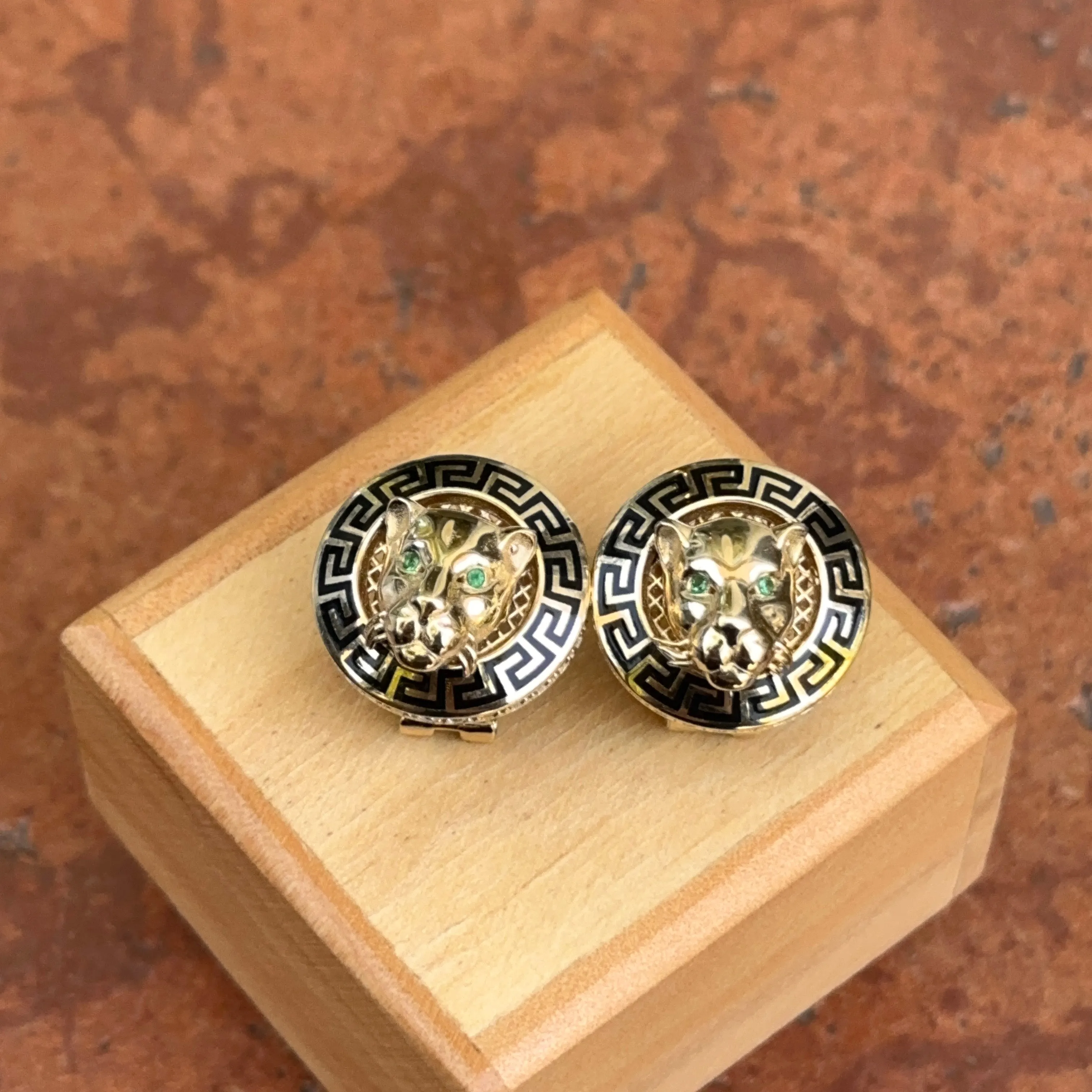 14KT Yellow Gold Italian Black Enamel Greek Key Gold Panther Omega Back Earrings