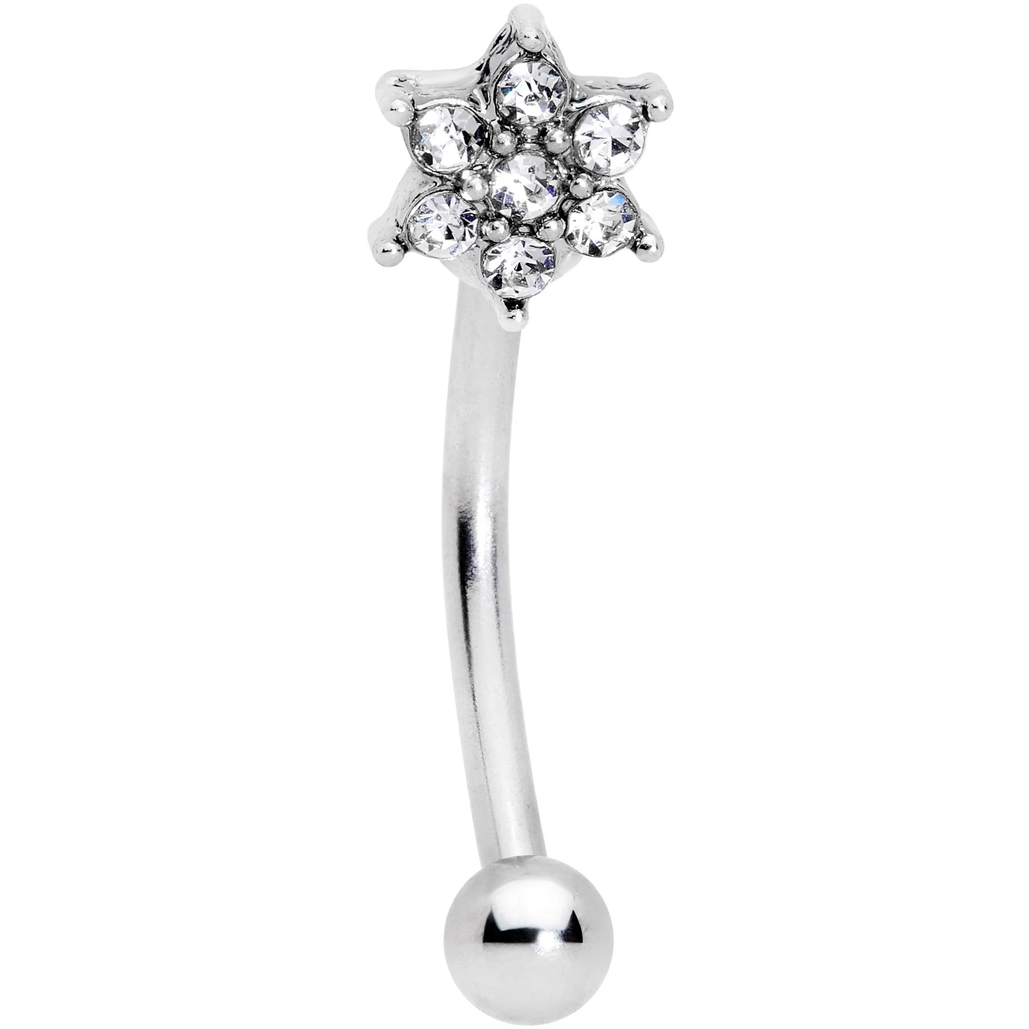 16 Gauge 3/8 Clear Gem Six Petal Flower Curved Eyebrow Ring
