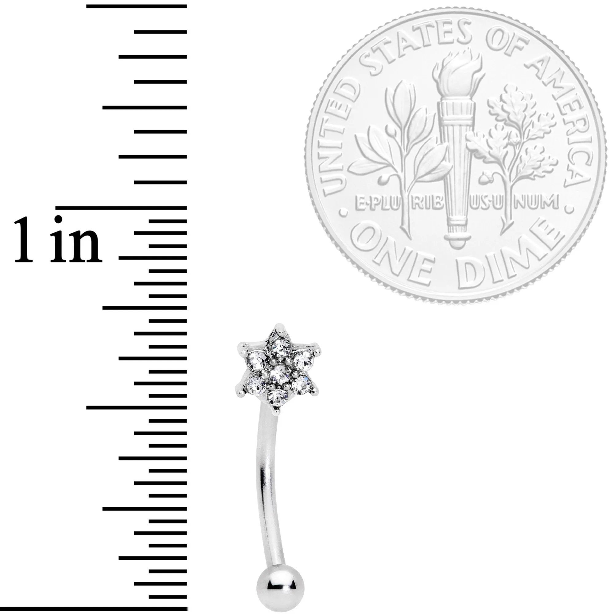 16 Gauge 3/8 Clear Gem Six Petal Flower Curved Eyebrow Ring