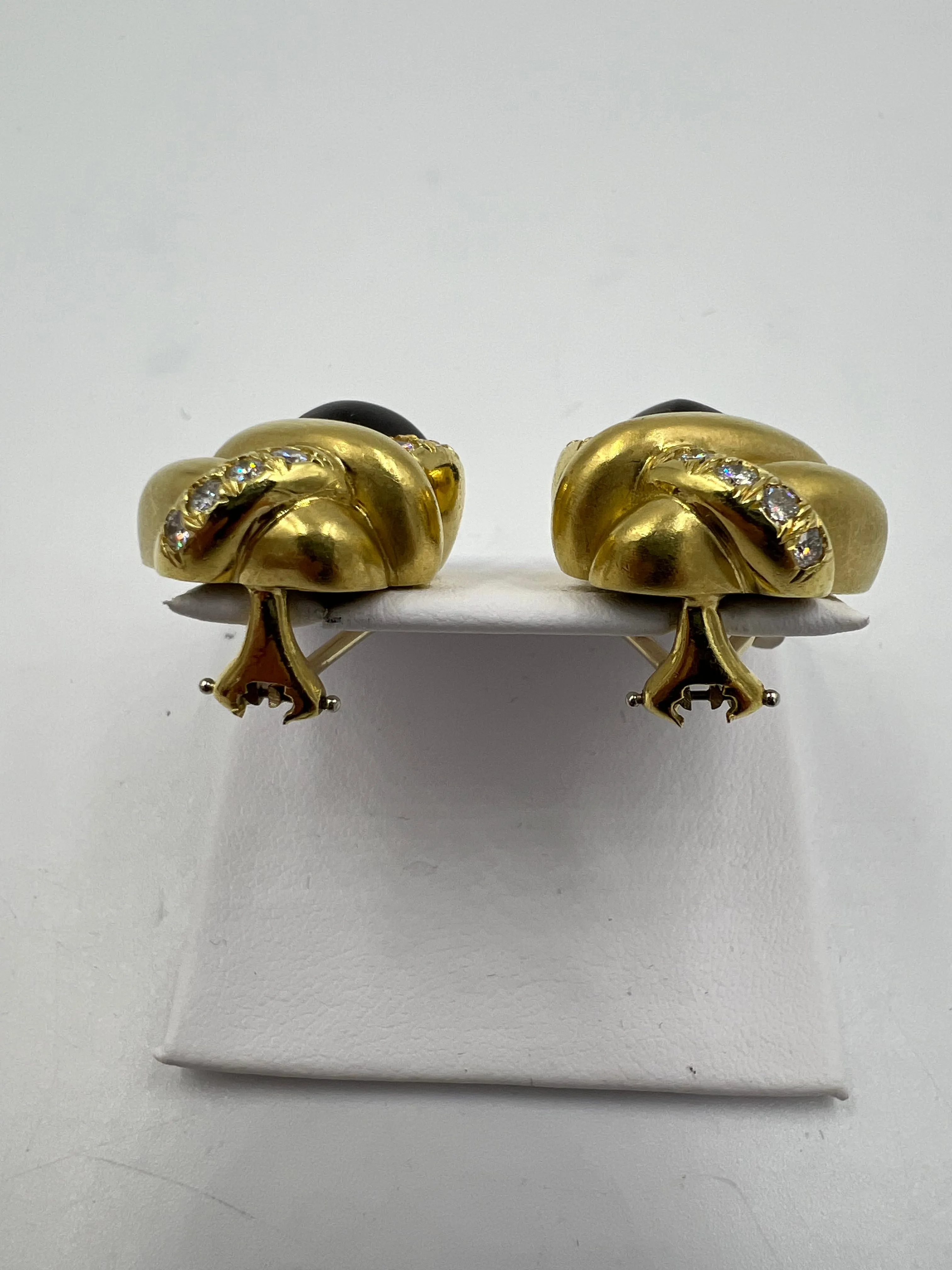 1970s Marlene Stowe Matte Onyx Diamond 18k Yellow Gold Clip On Earrings