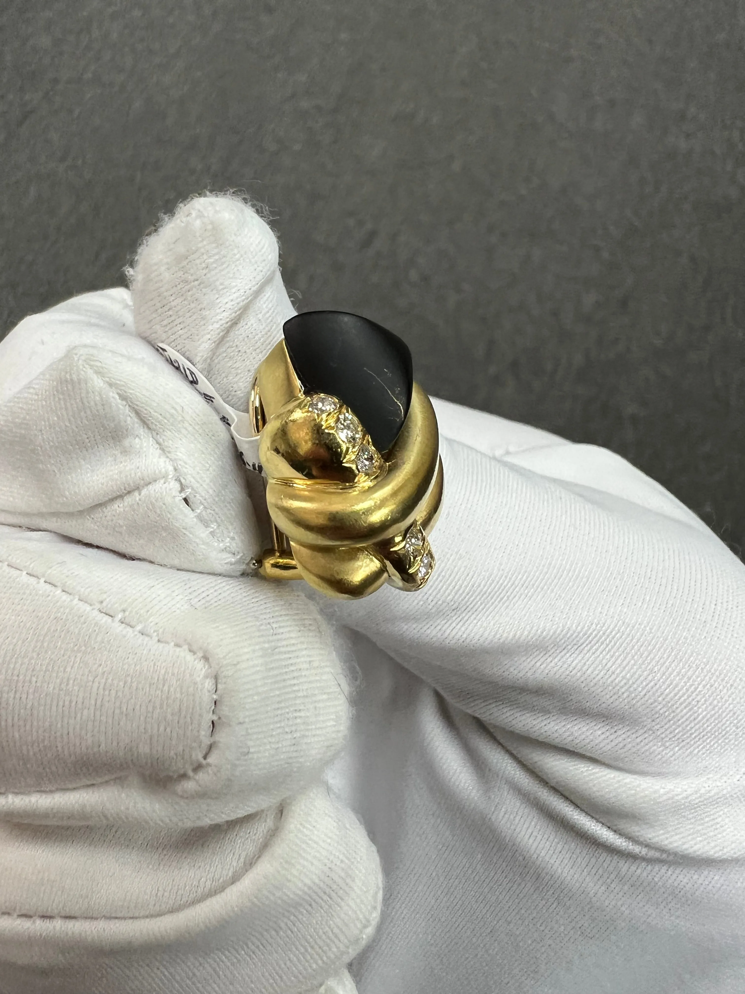 1970s Marlene Stowe Matte Onyx Diamond 18k Yellow Gold Clip On Earrings