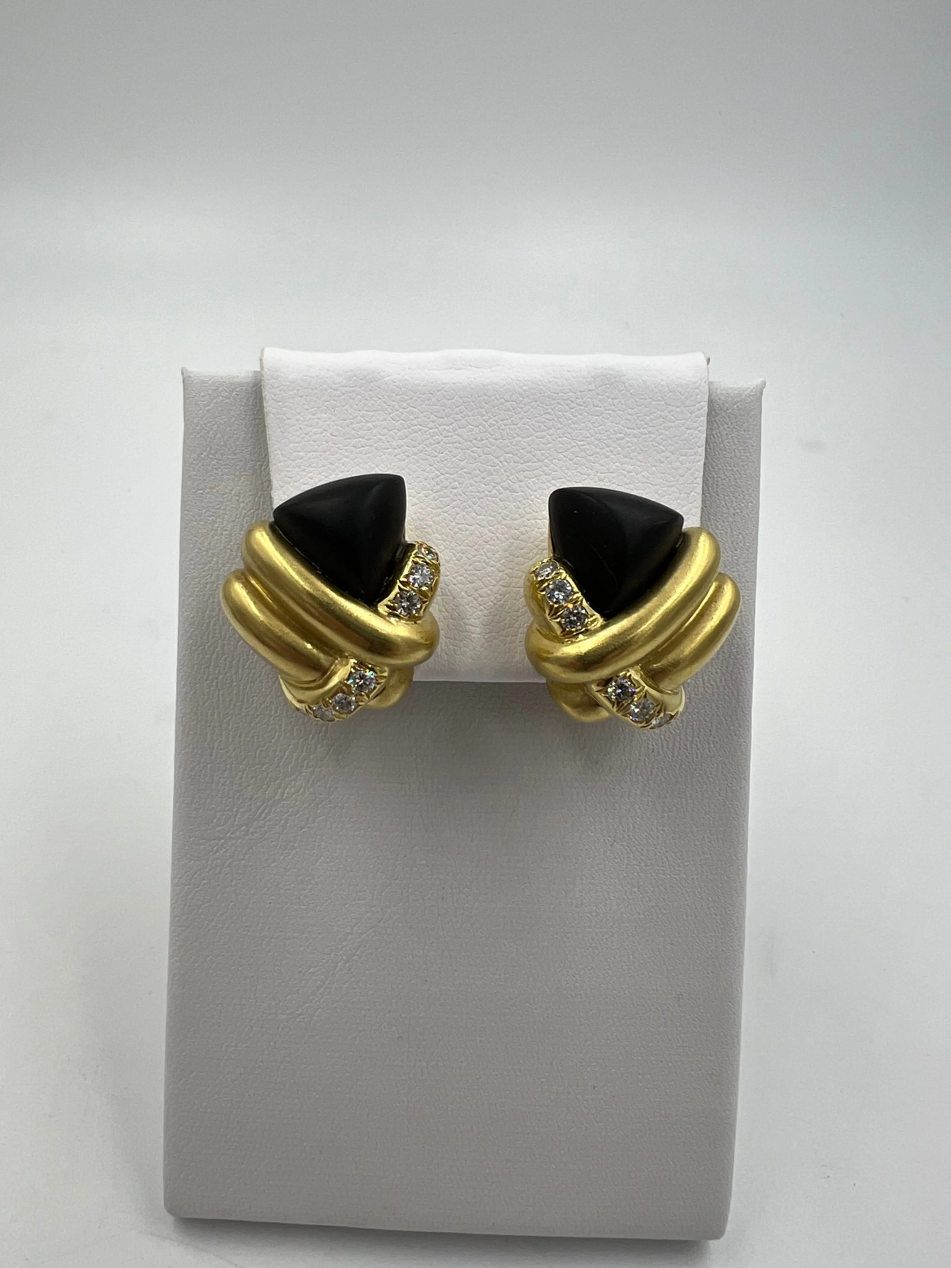 1970s Marlene Stowe Matte Onyx Diamond 18k Yellow Gold Clip On Earrings