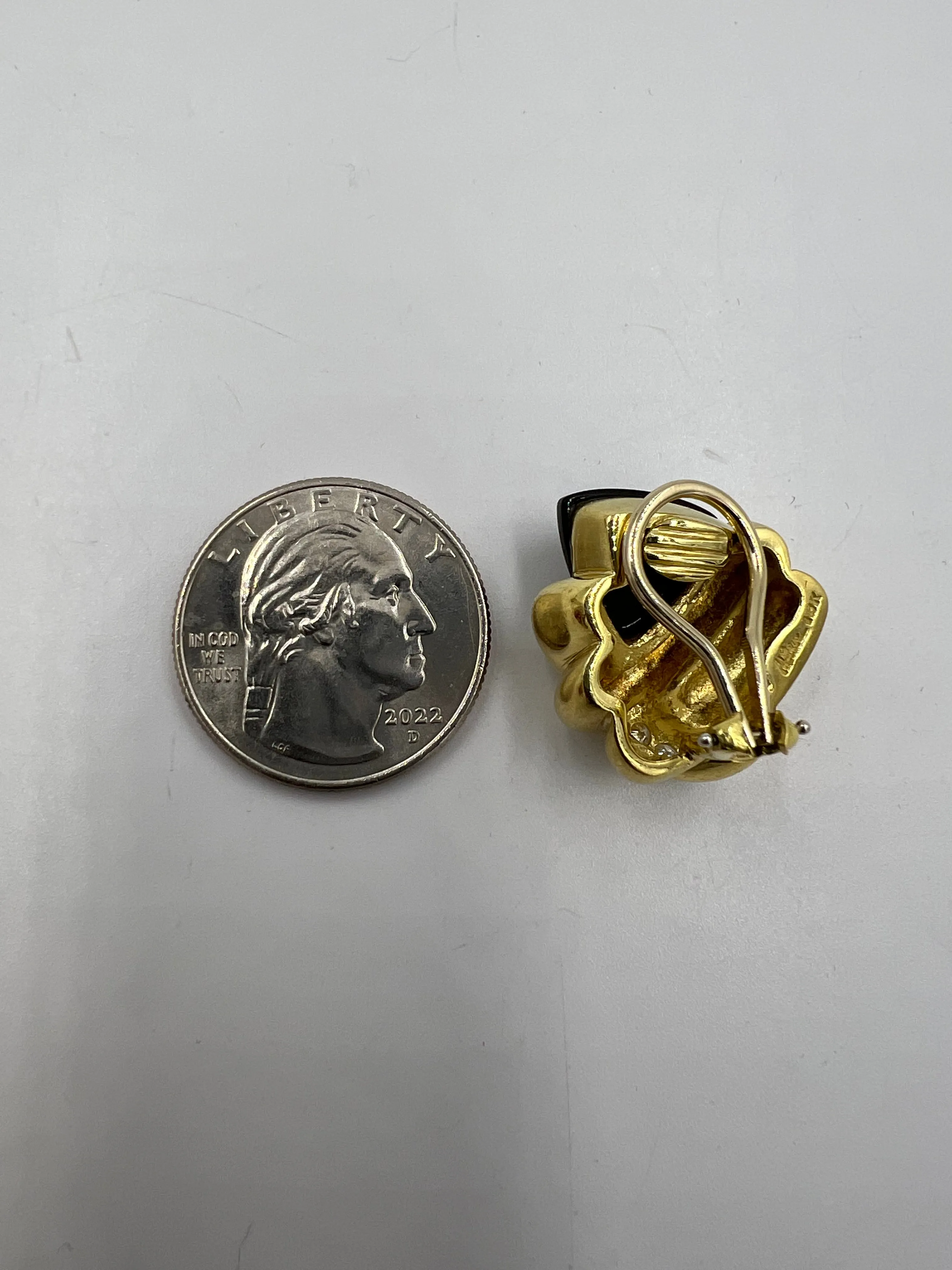 1970s Marlene Stowe Matte Onyx Diamond 18k Yellow Gold Clip On Earrings