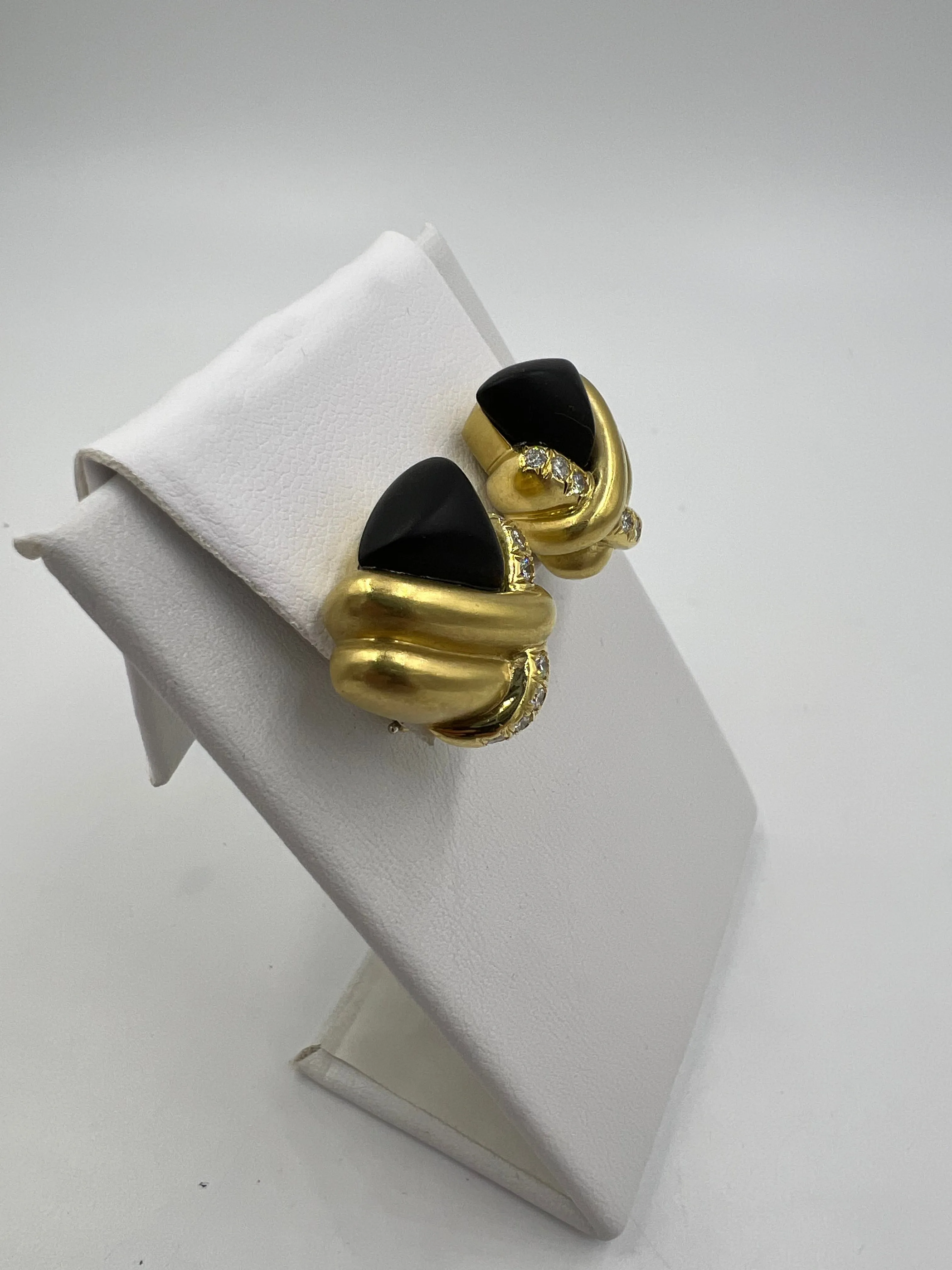 1970s Marlene Stowe Matte Onyx Diamond 18k Yellow Gold Clip On Earrings