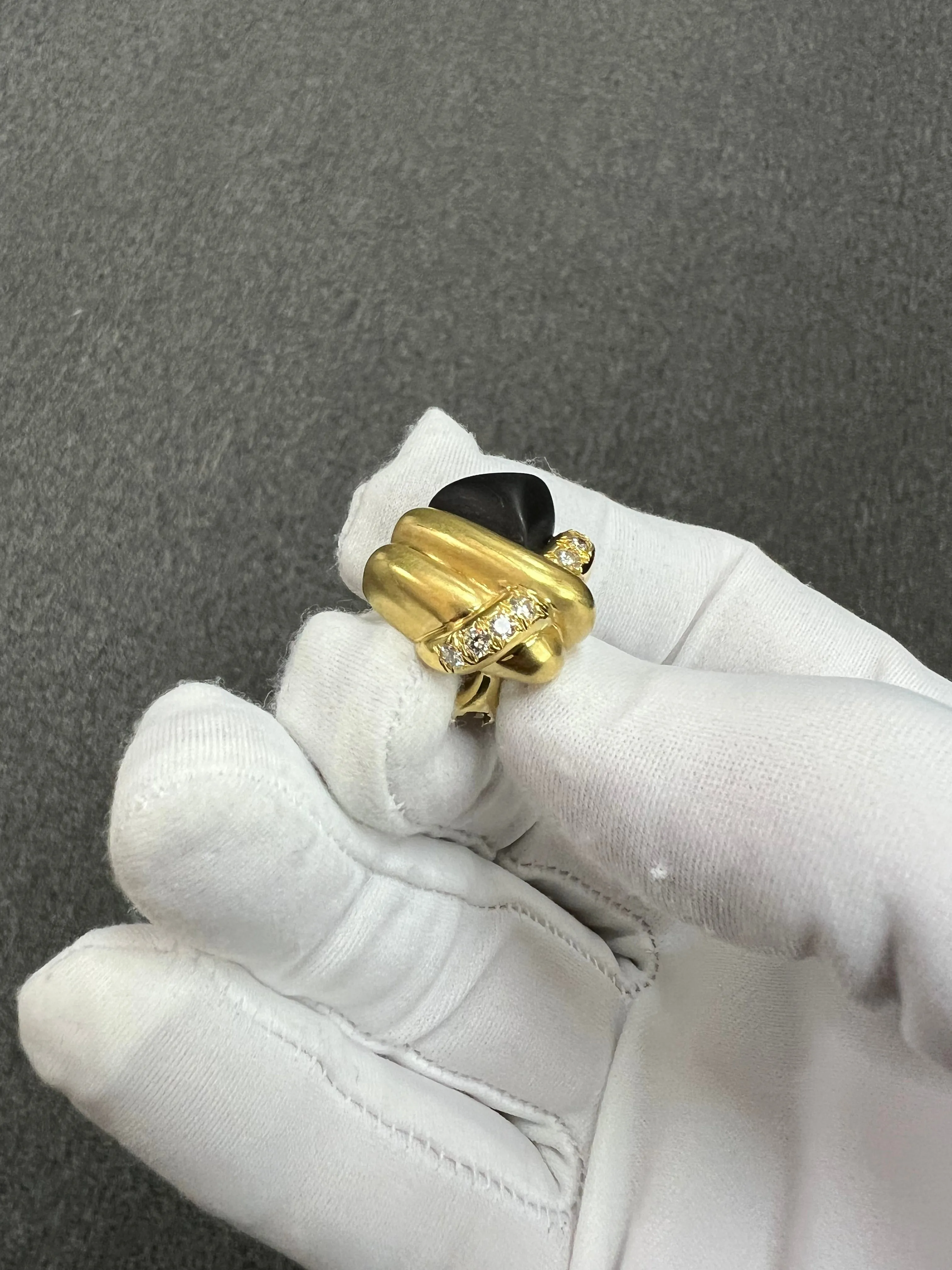1970s Marlene Stowe Matte Onyx Diamond 18k Yellow Gold Clip On Earrings