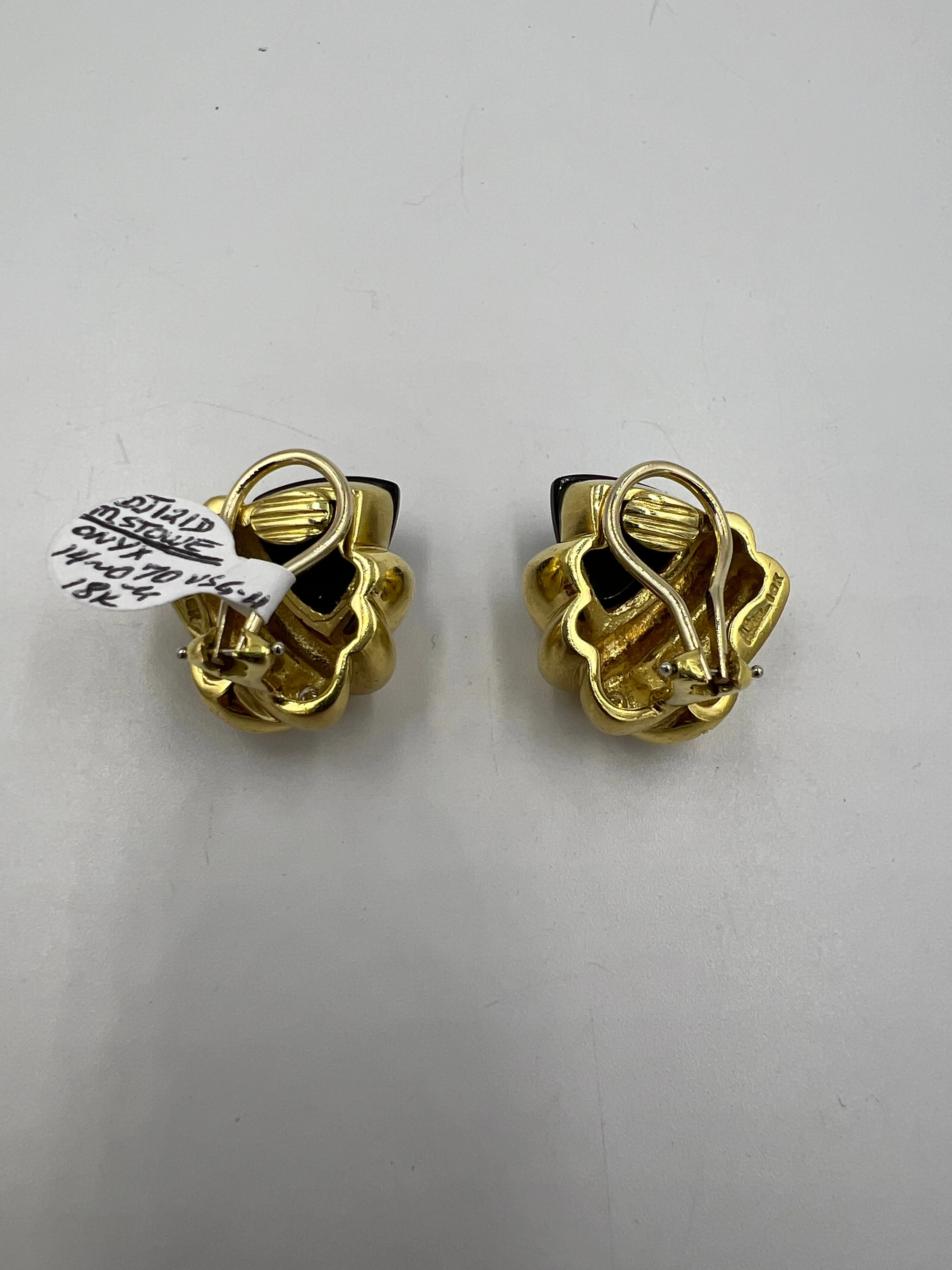 1970s Marlene Stowe Matte Onyx Diamond 18k Yellow Gold Clip On Earrings