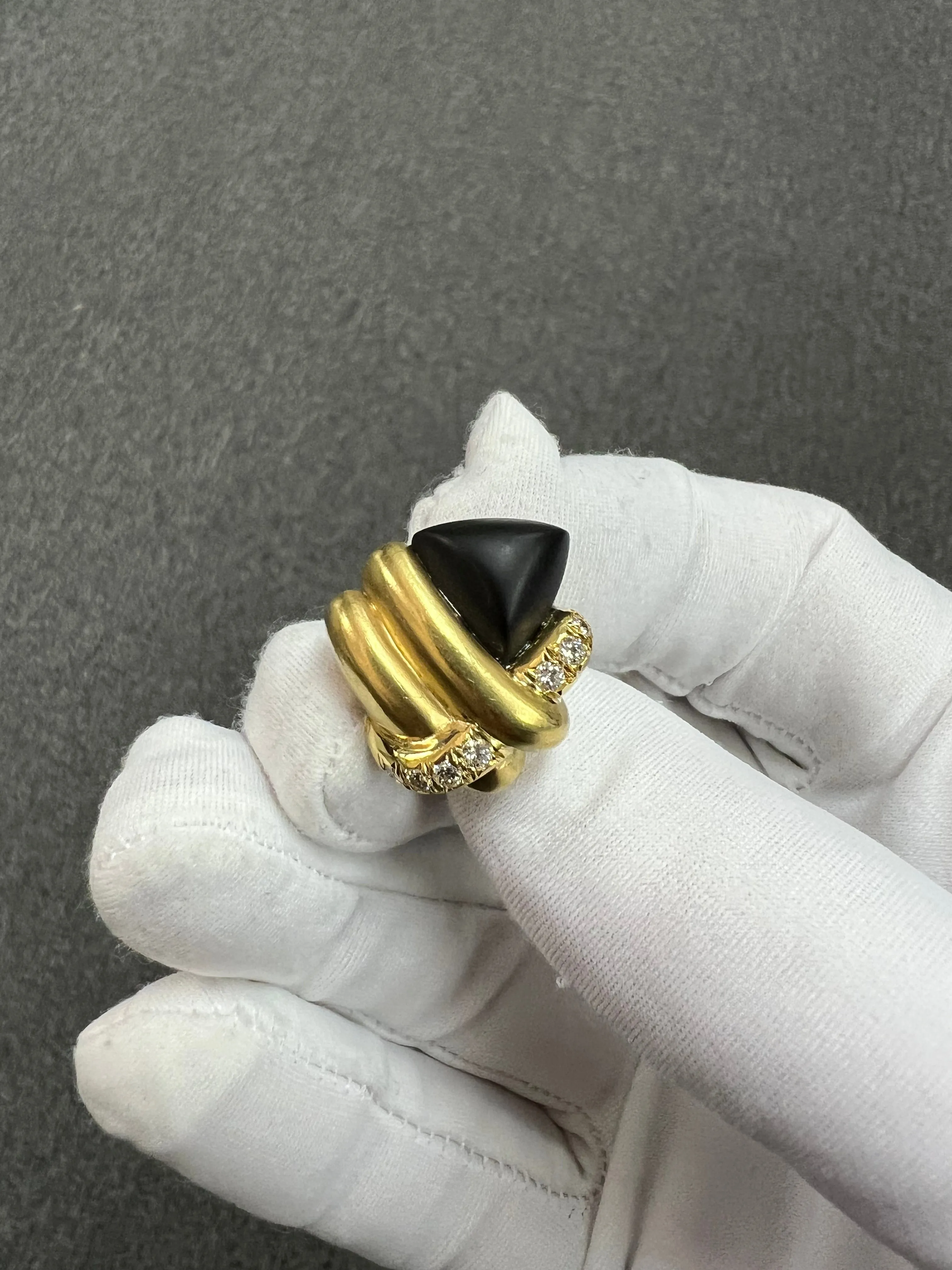 1970s Marlene Stowe Matte Onyx Diamond 18k Yellow Gold Clip On Earrings