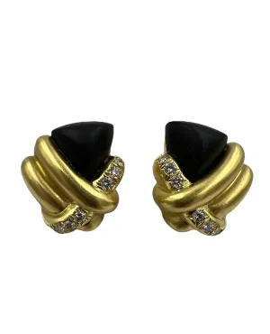 1970s Marlene Stowe Matte Onyx Diamond 18k Yellow Gold Clip On Earrings