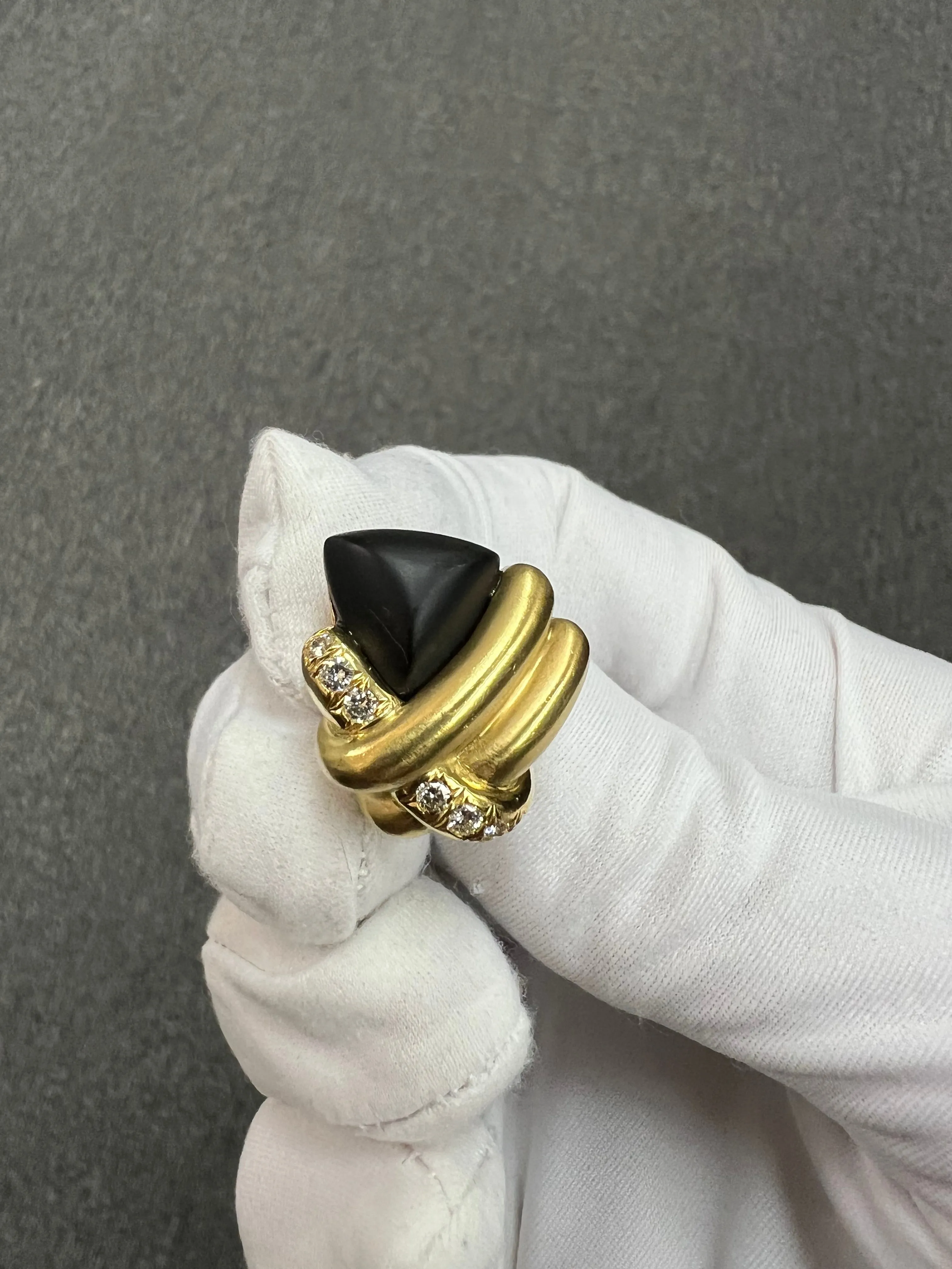 1970s Marlene Stowe Matte Onyx Diamond 18k Yellow Gold Clip On Earrings