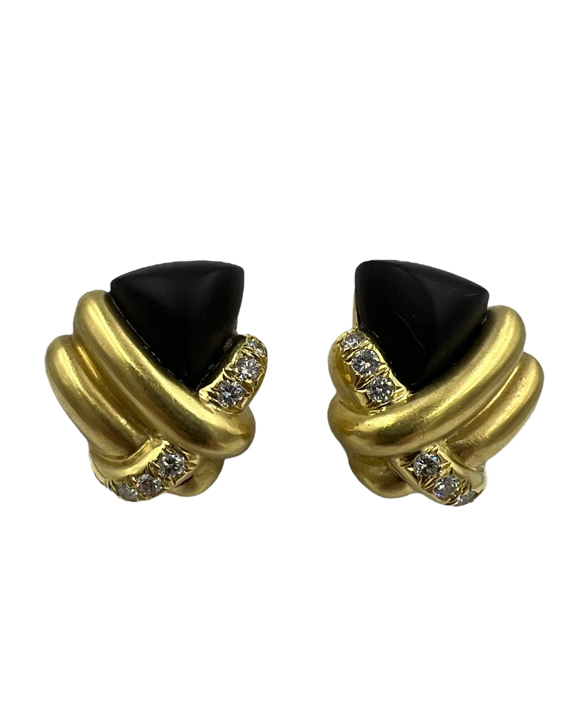 1970s Marlene Stowe Matte Onyx Diamond 18k Yellow Gold Clip On Earrings