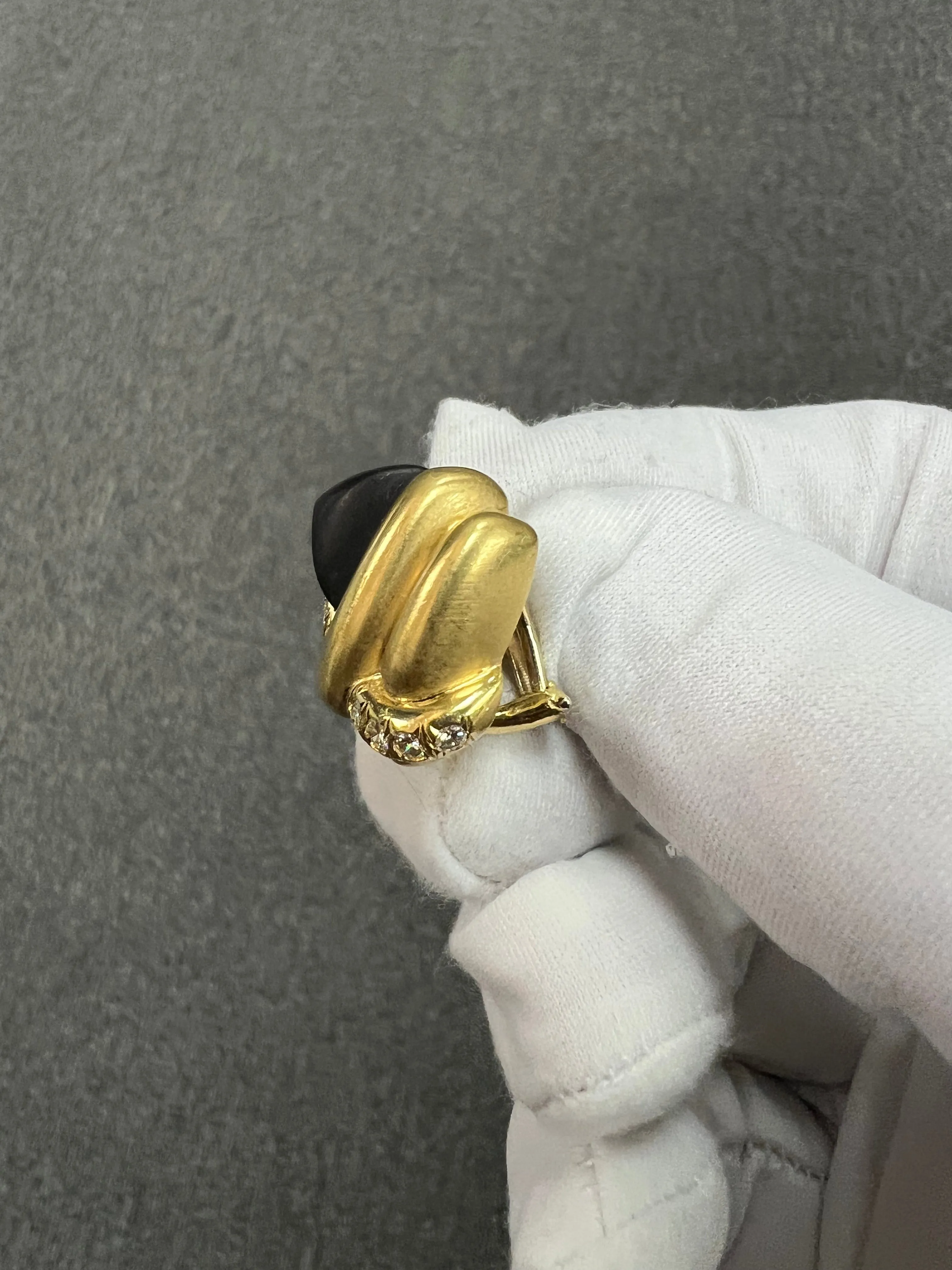 1970s Marlene Stowe Matte Onyx Diamond 18k Yellow Gold Clip On Earrings