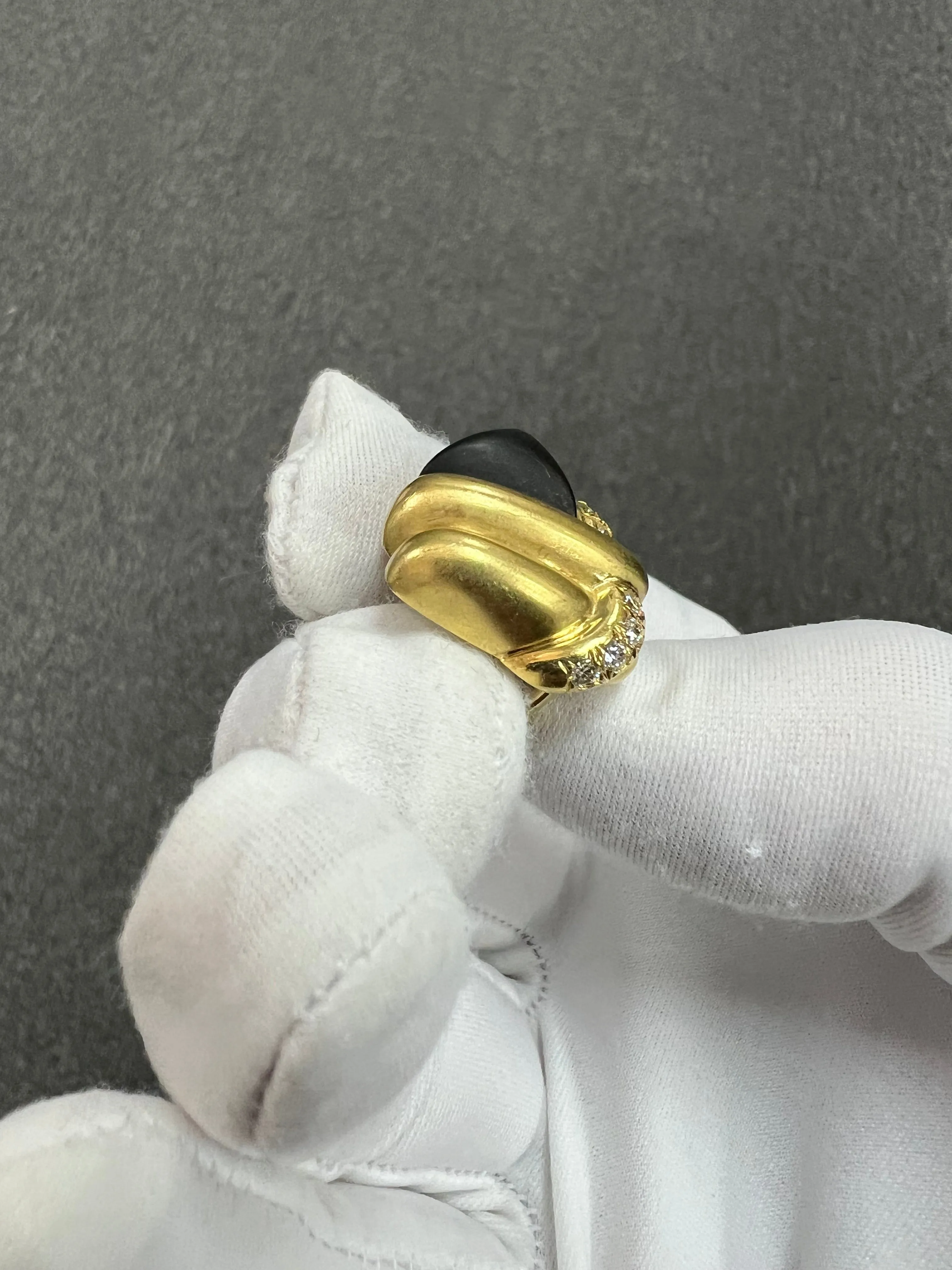 1970s Marlene Stowe Matte Onyx Diamond 18k Yellow Gold Clip On Earrings