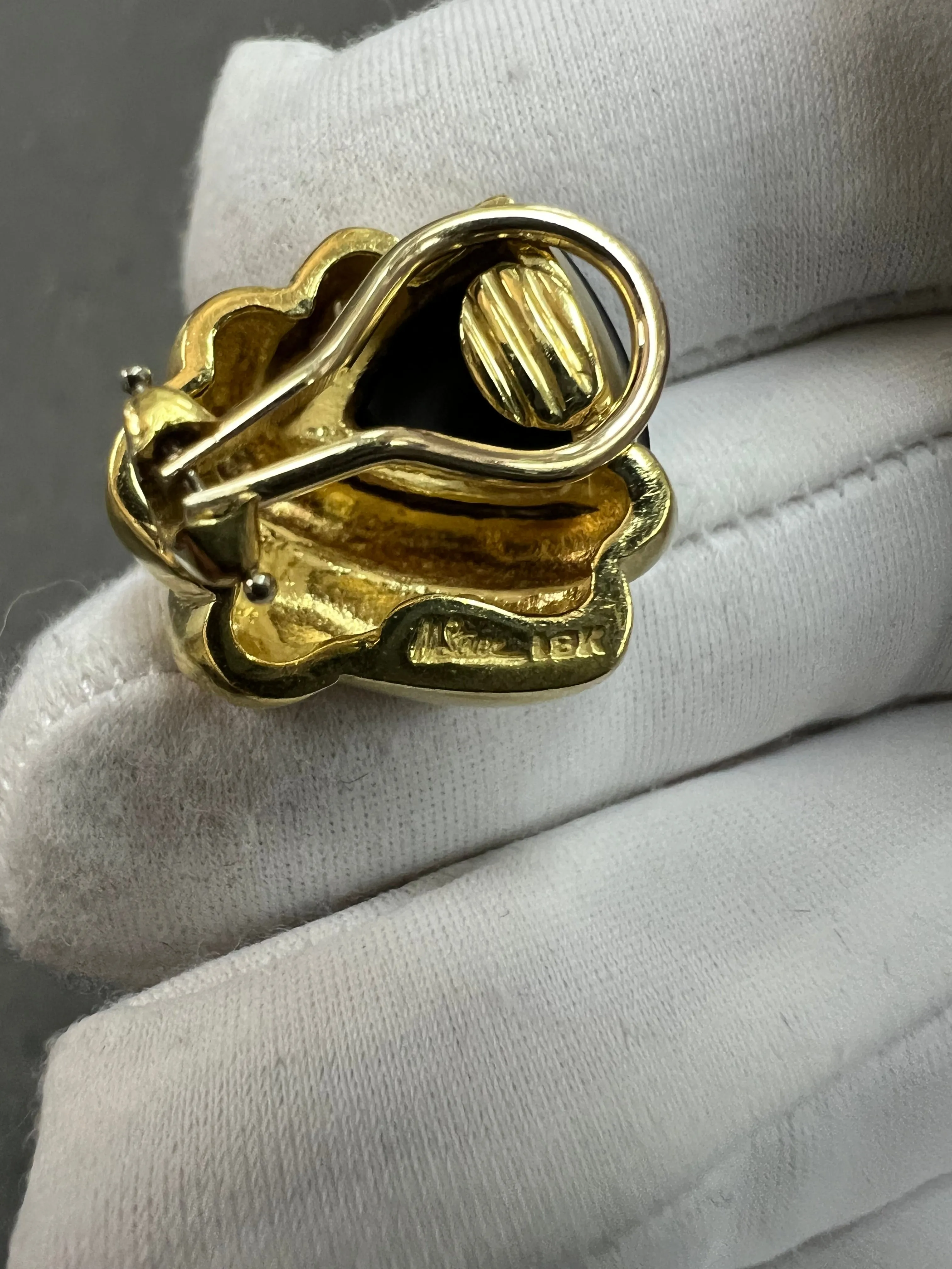 1970s Marlene Stowe Matte Onyx Diamond 18k Yellow Gold Clip On Earrings