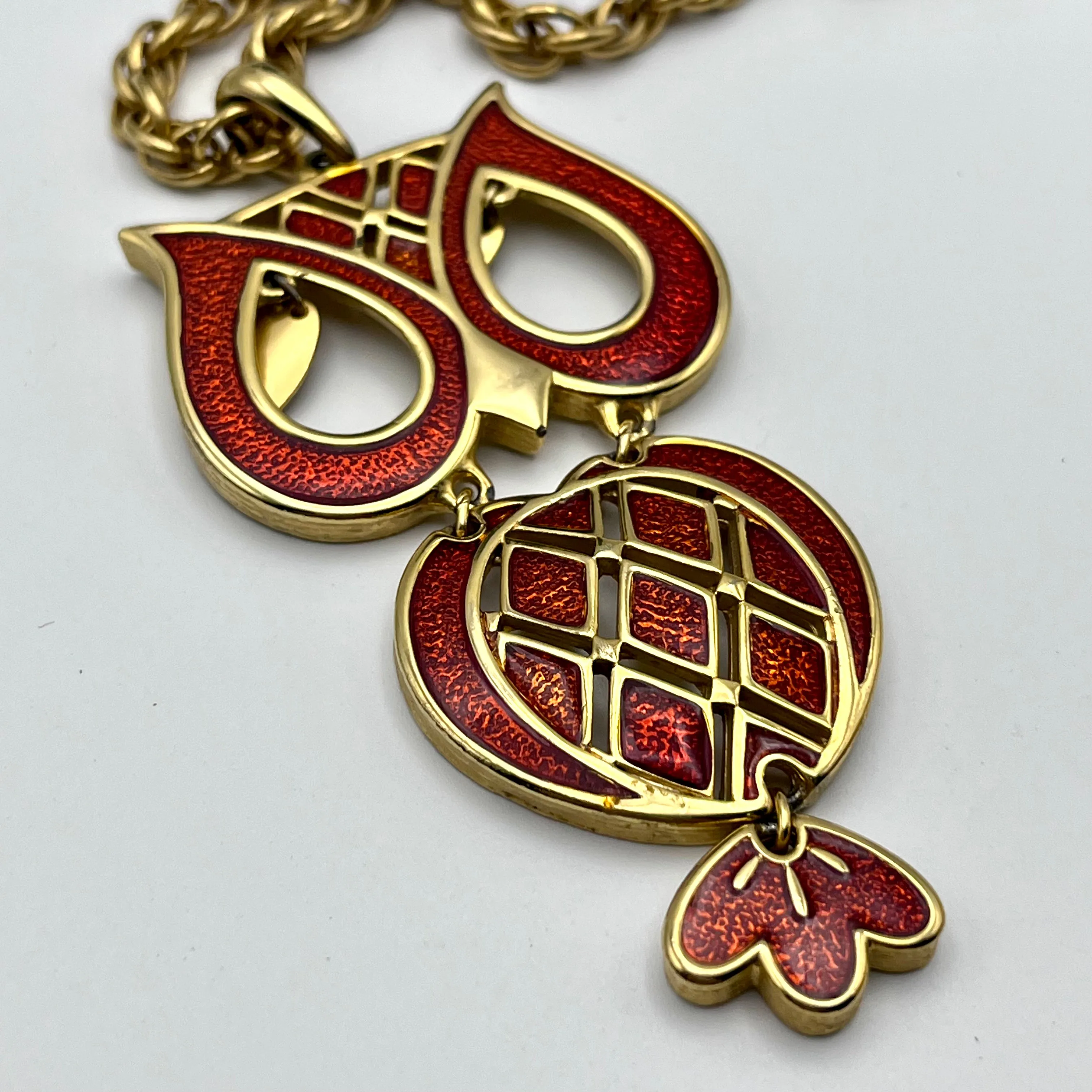 1970s Orange Glitter Enamel Owl Pendant Necklace