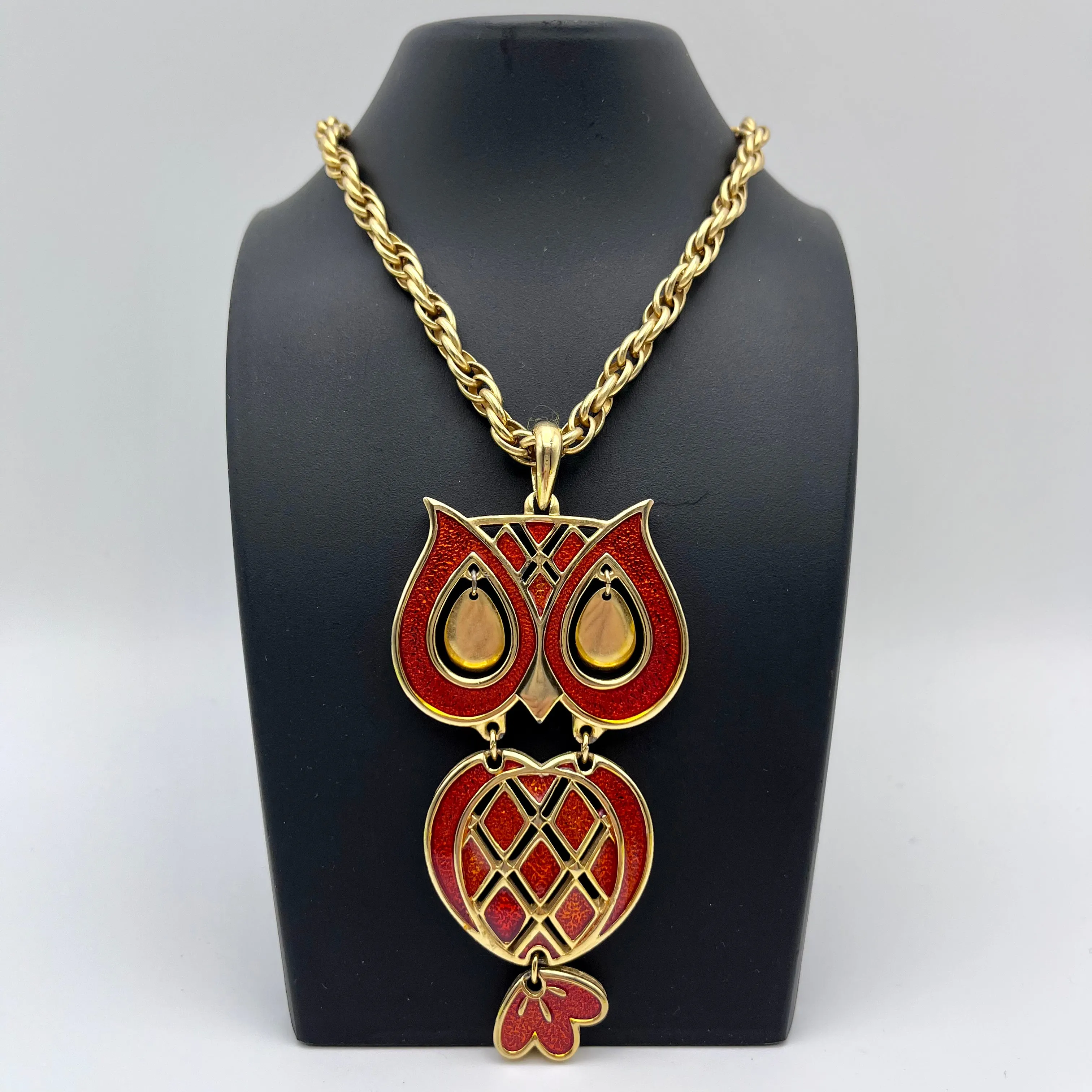 1970s Orange Glitter Enamel Owl Pendant Necklace