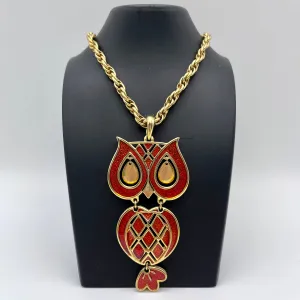 1970s Orange Glitter Enamel Owl Pendant Necklace
