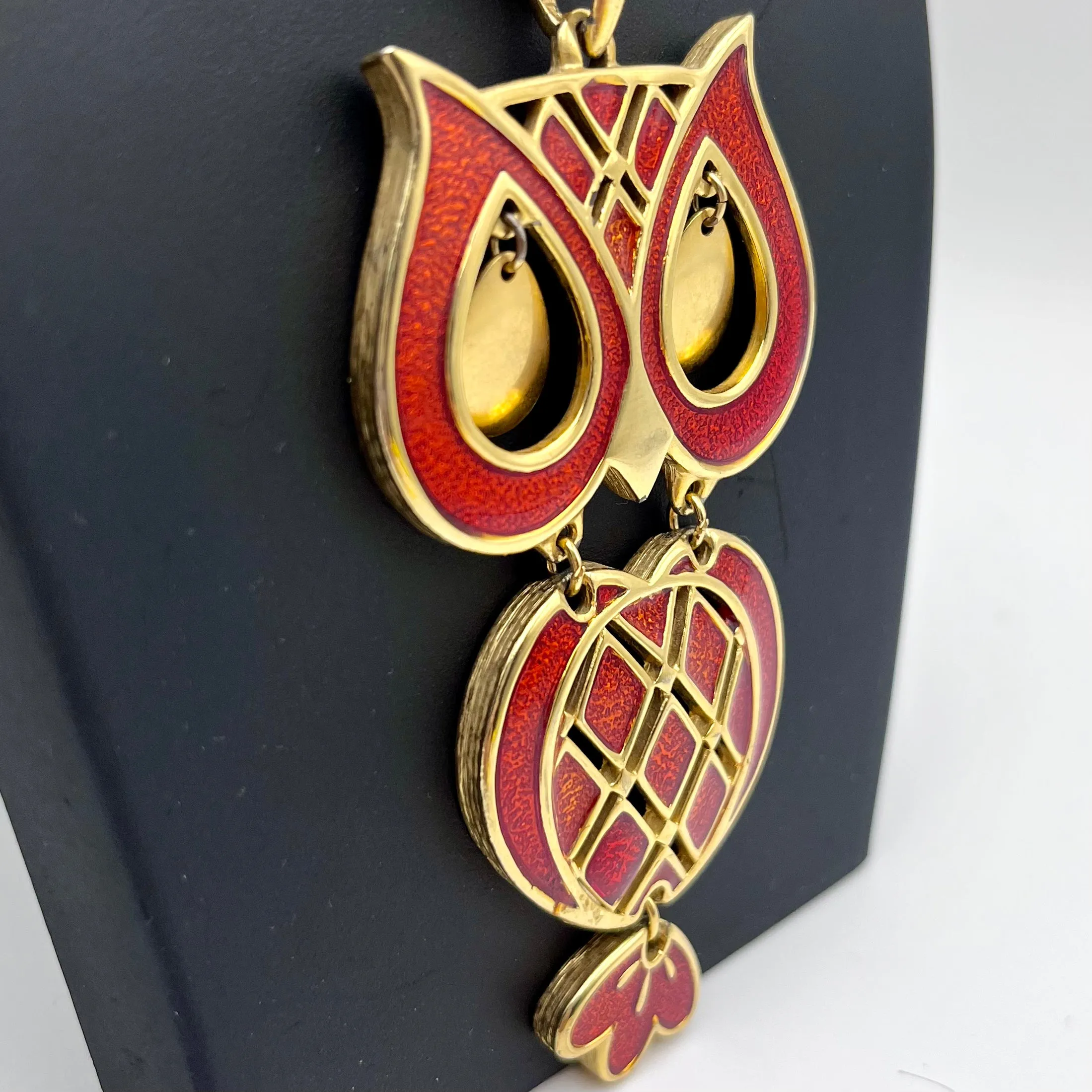 1970s Orange Glitter Enamel Owl Pendant Necklace