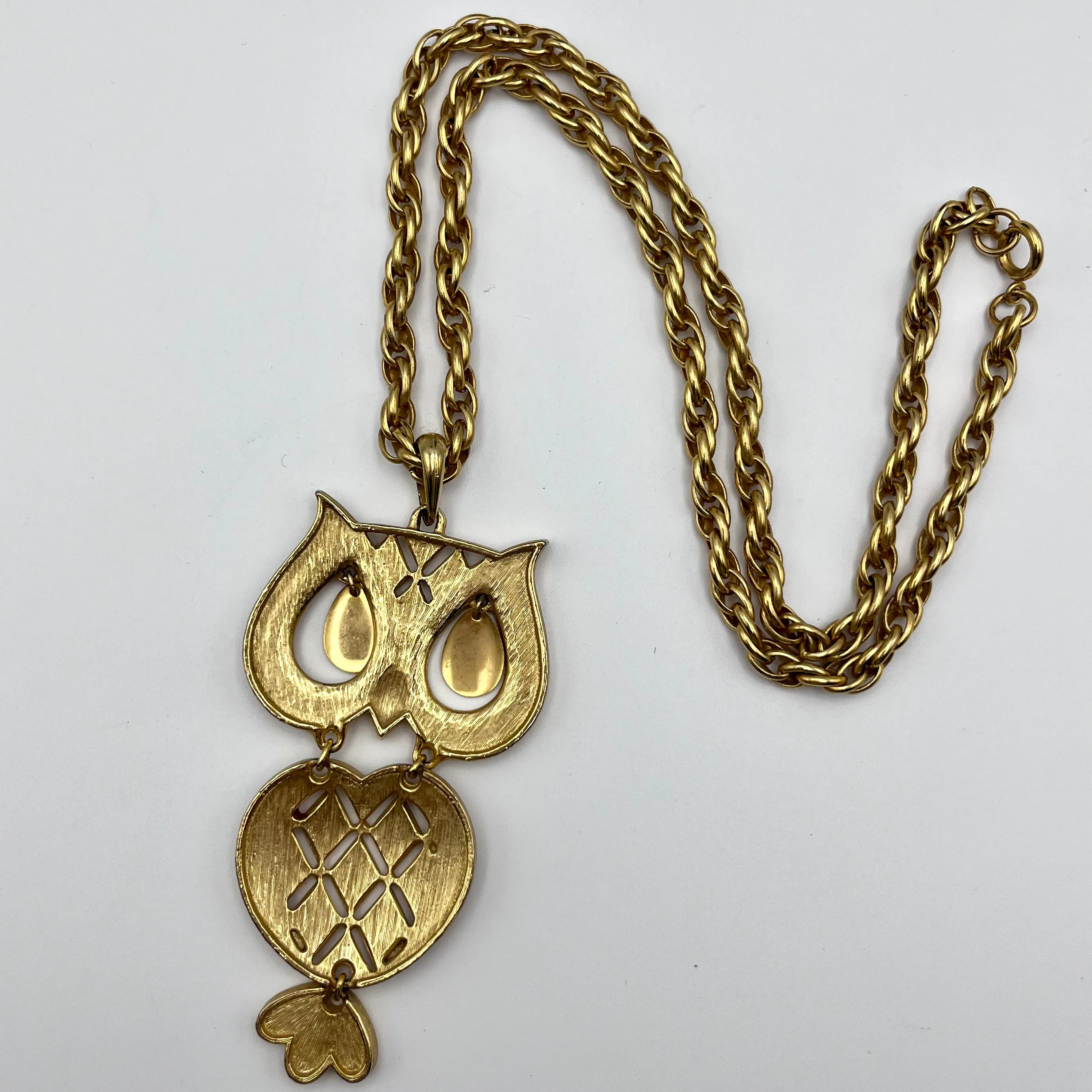 1970s Orange Glitter Enamel Owl Pendant Necklace