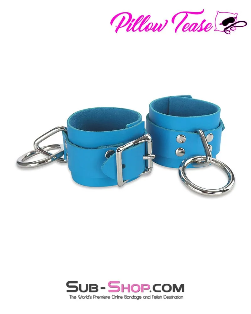 7055A      Candy Blue Leather Bondage Wrist Cuffs