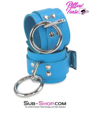 7055A      Candy Blue Leather Bondage Wrist Cuffs