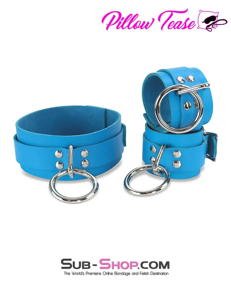 7055A      Candy Blue Leather Bondage Wrist Cuffs