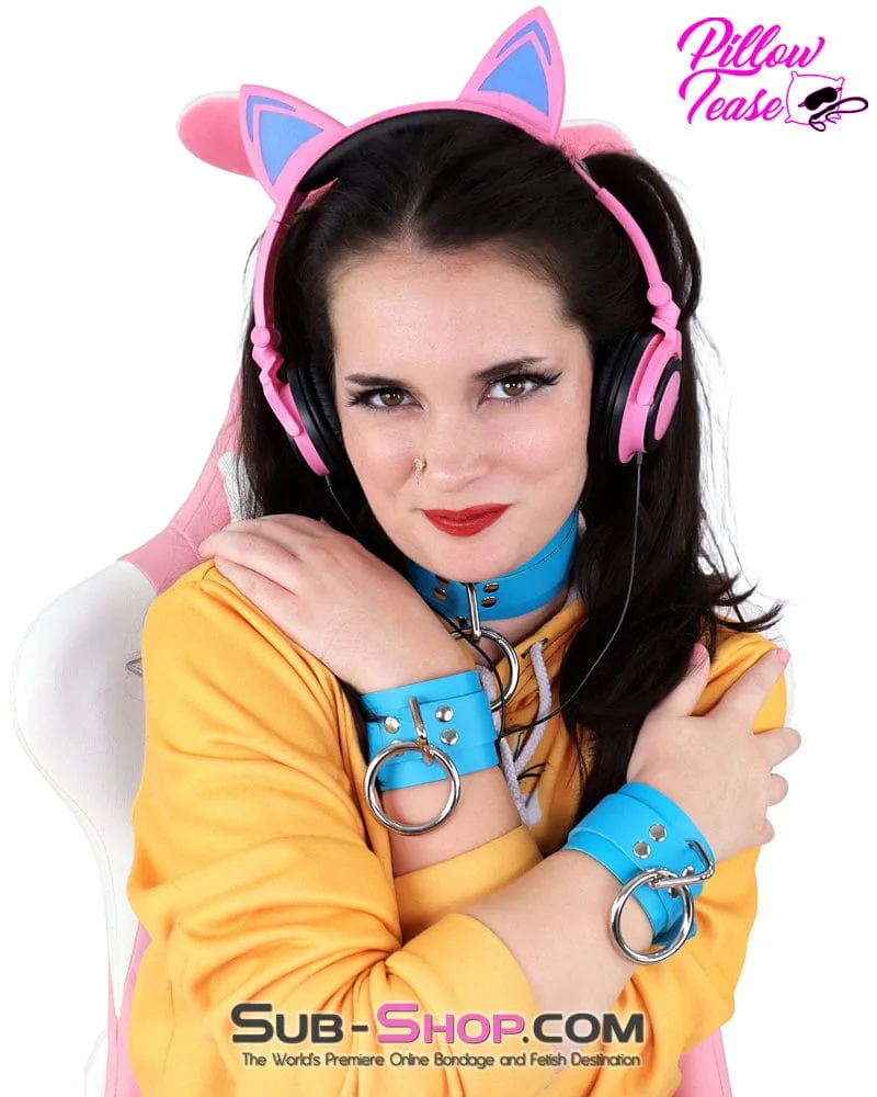 7055A      Candy Blue Leather Bondage Wrist Cuffs