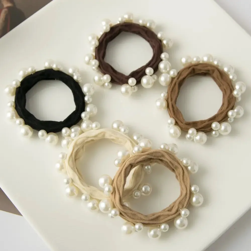 Adorro - Textured Seamless Pearl Hair Tie Set (Multicolor)