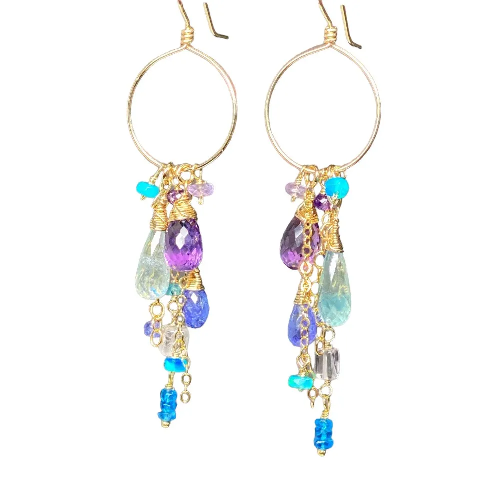 Amethyst Aquamarine Tanzanite Gold Dangle Gold Fill Hoop Earrings