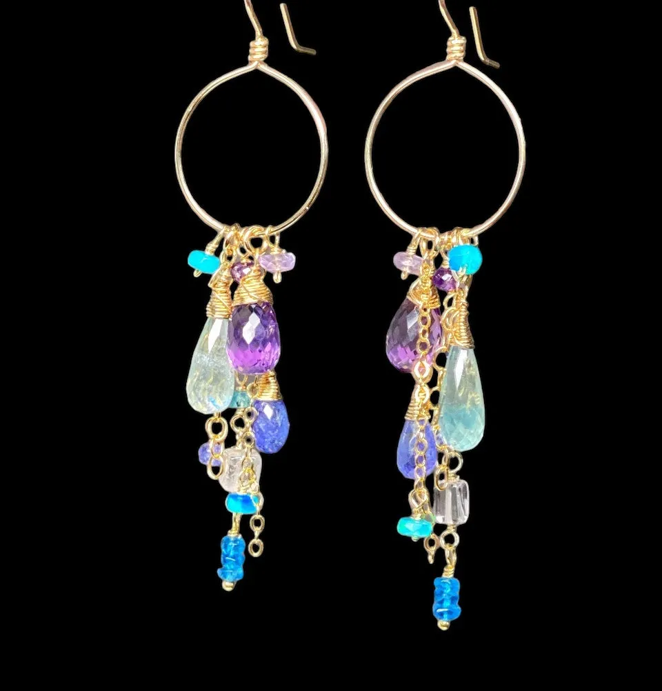 Amethyst Aquamarine Tanzanite Gold Dangle Gold Fill Hoop Earrings