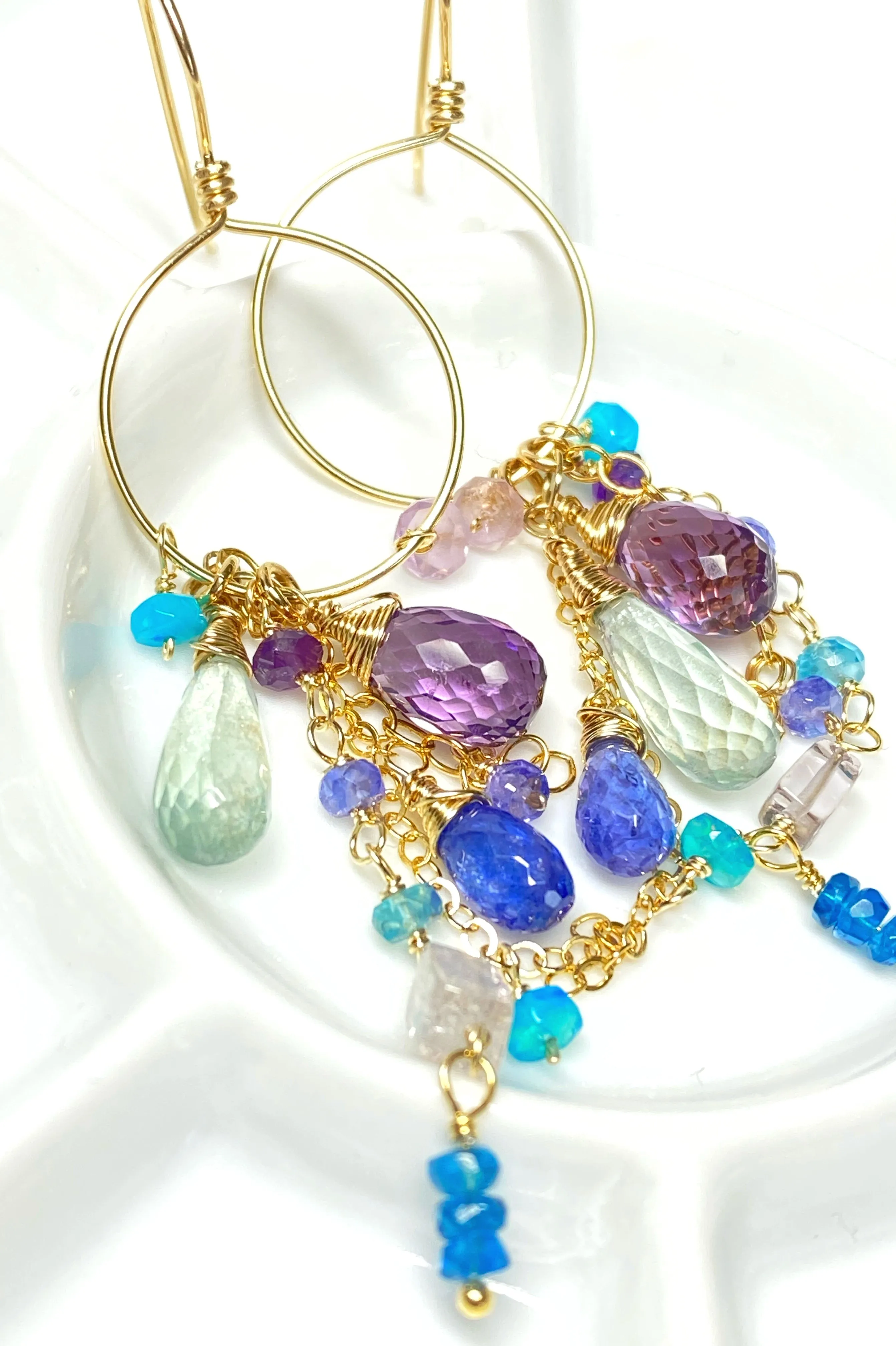 Amethyst Aquamarine Tanzanite Gold Dangle Gold Fill Hoop Earrings