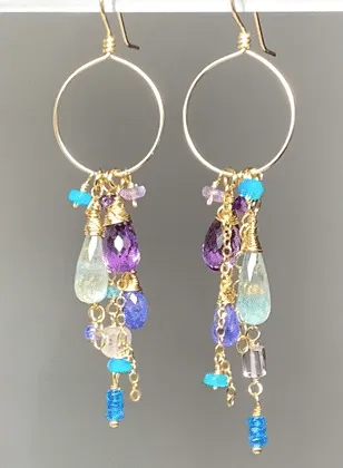 Amethyst Aquamarine Tanzanite Gold Dangle Gold Fill Hoop Earrings