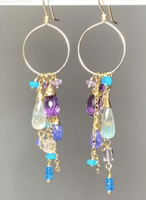 Amethyst Aquamarine Tanzanite Gold Dangle Gold Fill Hoop Earrings