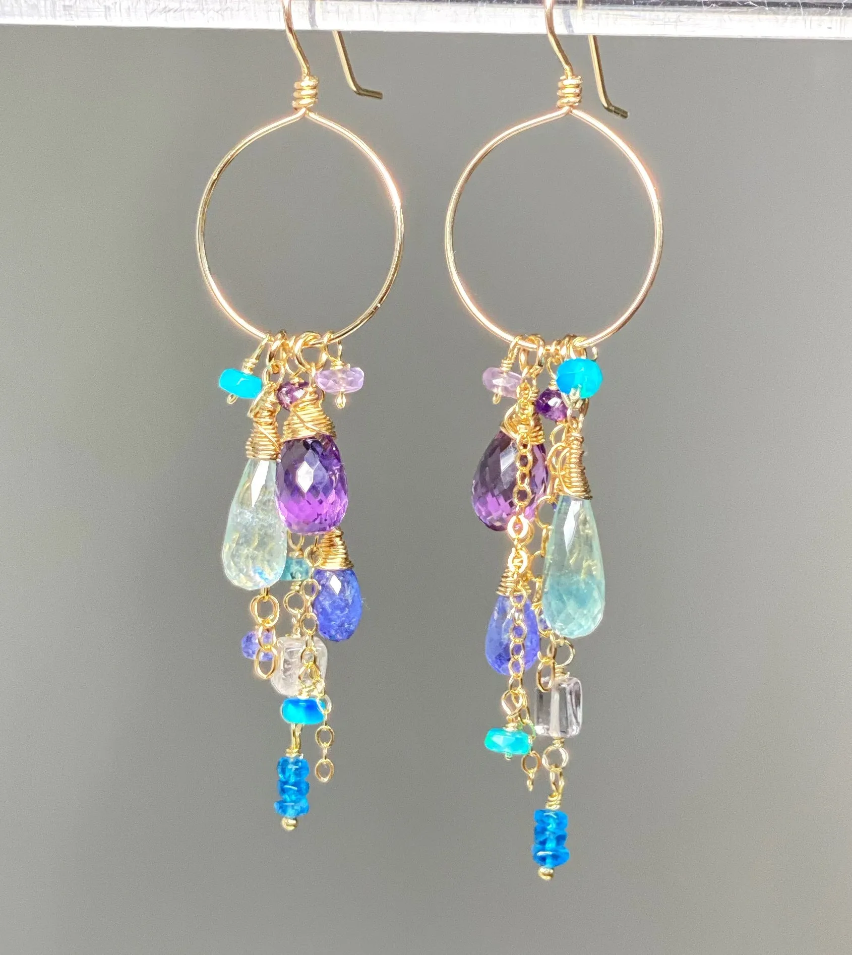 Amethyst Aquamarine Tanzanite Gold Dangle Gold Fill Hoop Earrings