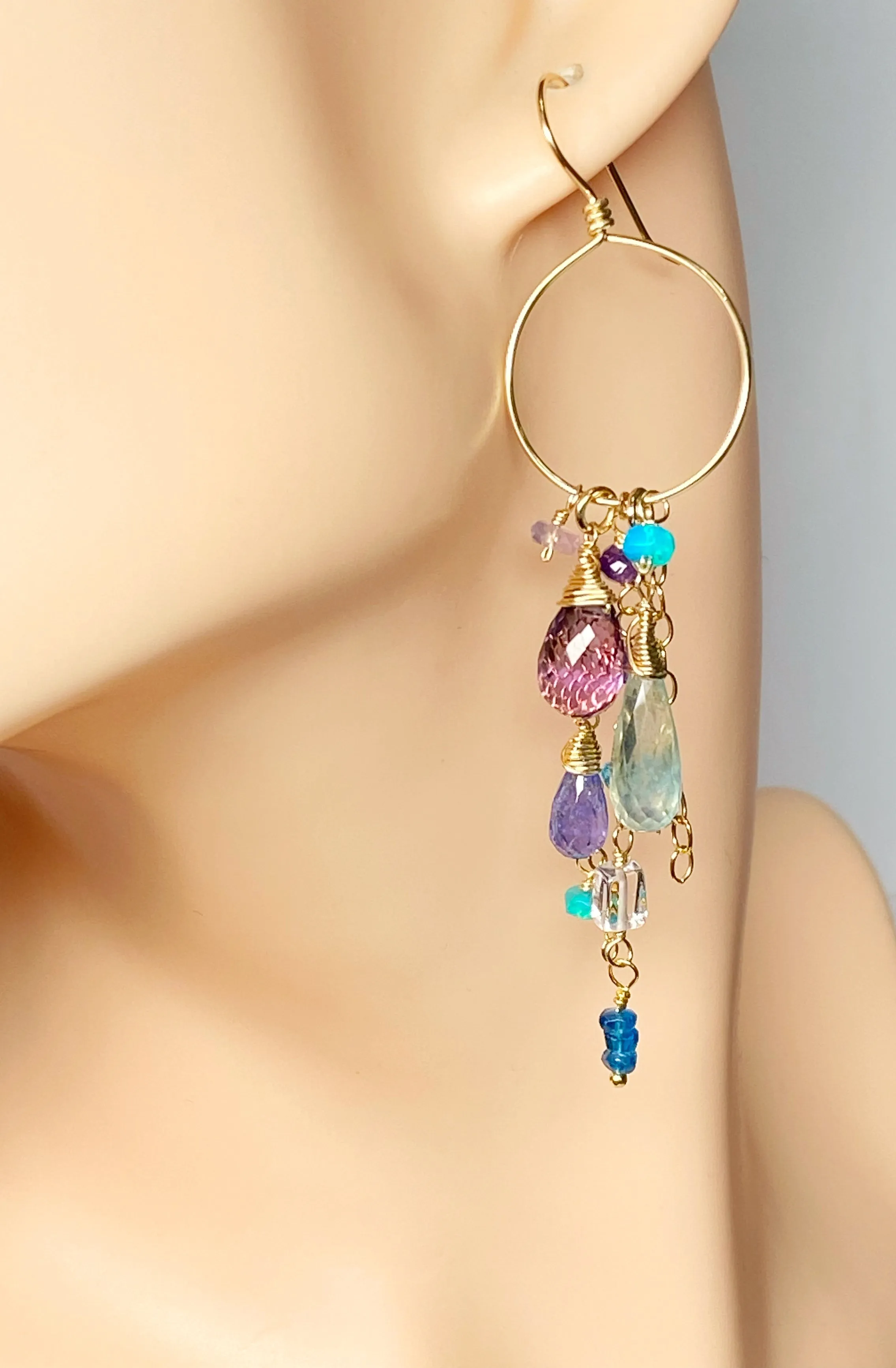 Amethyst Aquamarine Tanzanite Gold Dangle Gold Fill Hoop Earrings