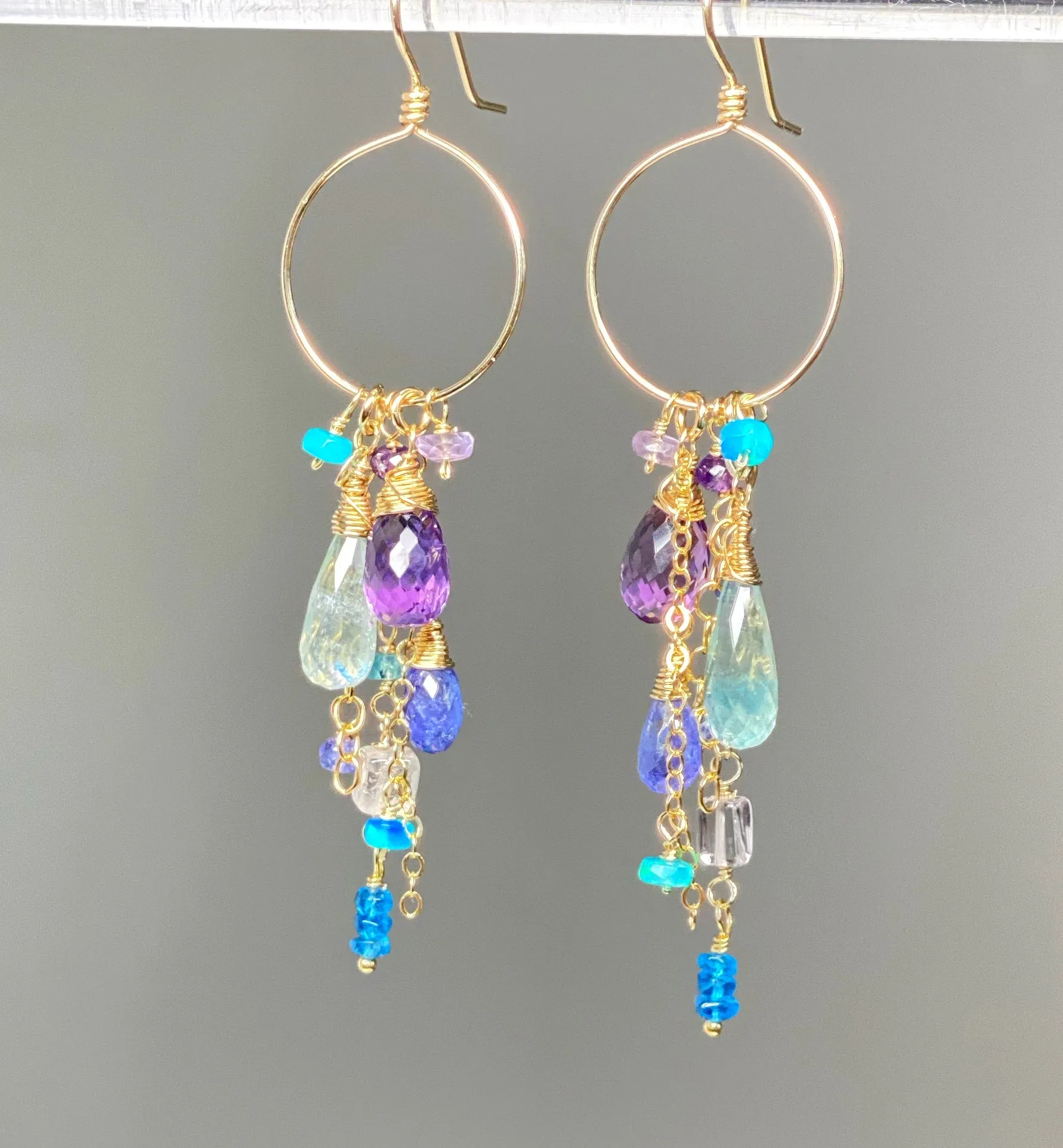 Amethyst Aquamarine Tanzanite Gold Dangle Gold Fill Hoop Earrings