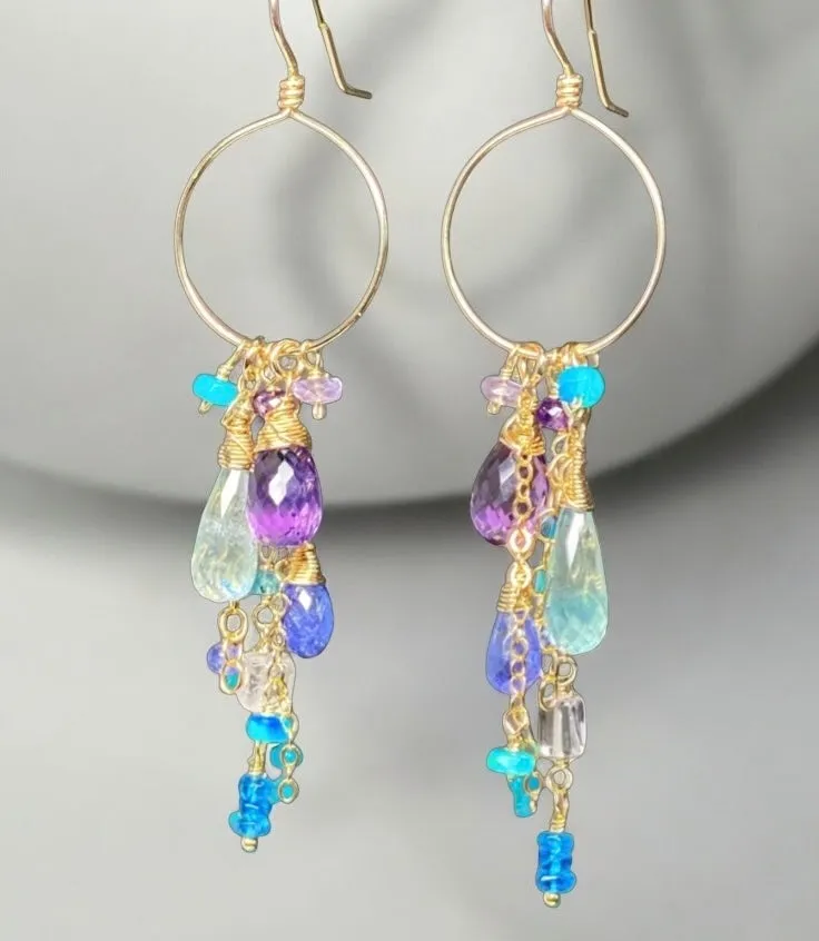 Amethyst Aquamarine Tanzanite Gold Dangle Gold Fill Hoop Earrings