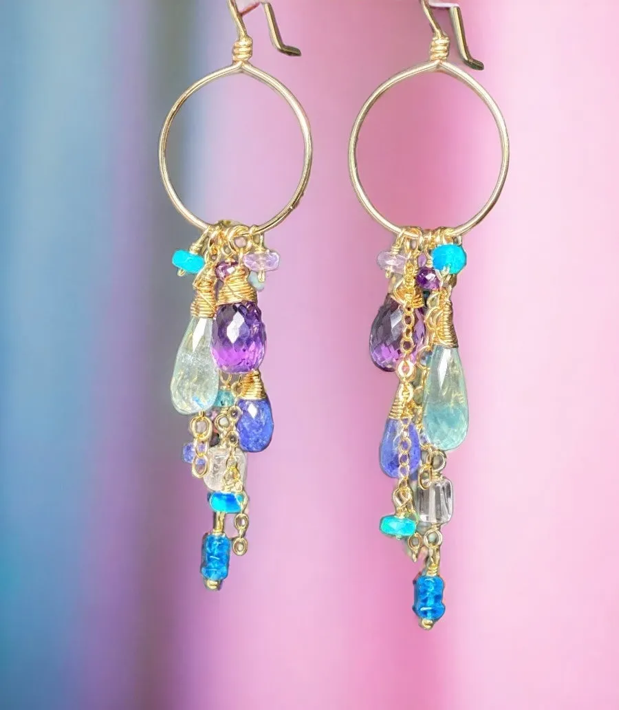Amethyst Aquamarine Tanzanite Gold Dangle Gold Fill Hoop Earrings